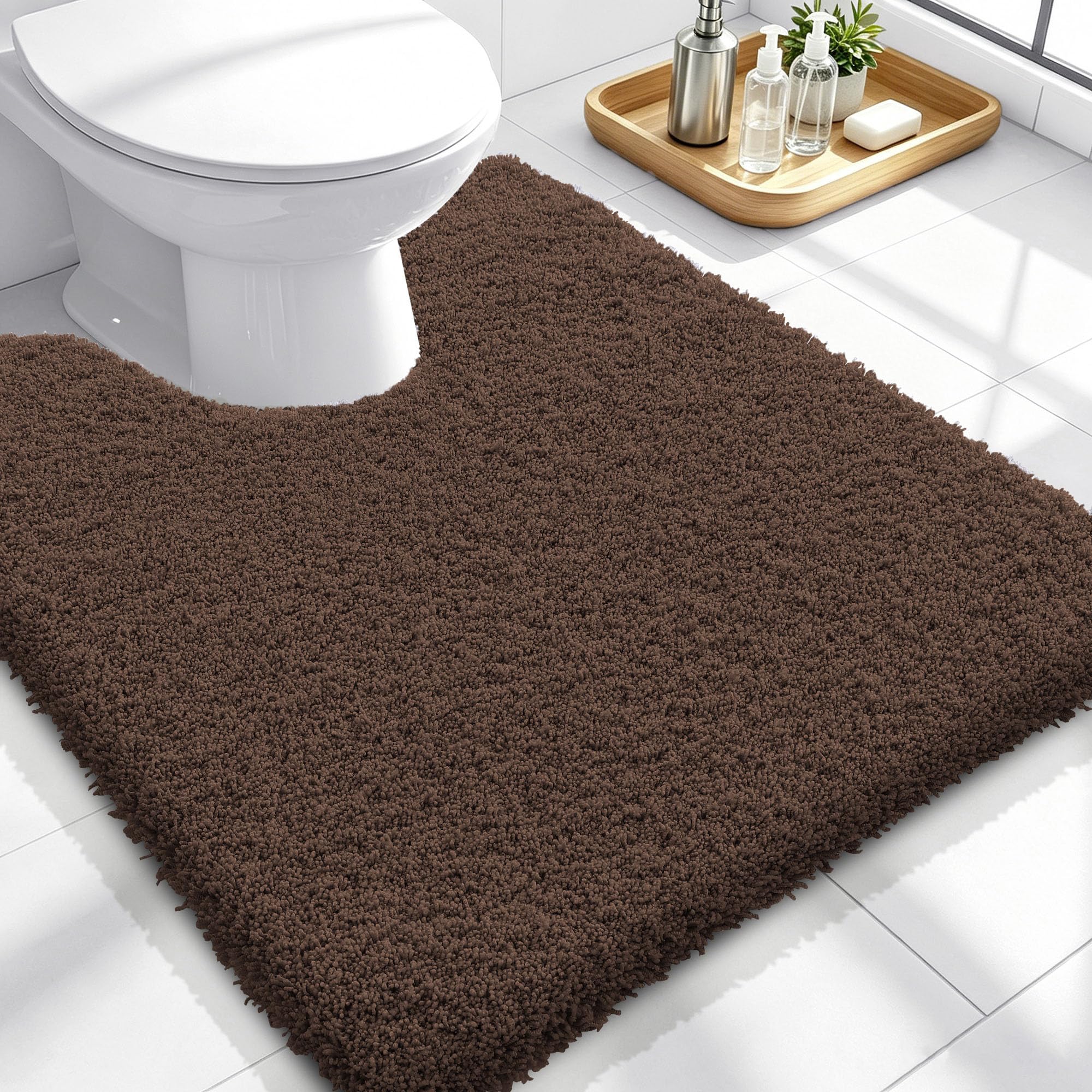 OLANLY Microfiber Bathroom Toilet Rugs U-Shaped 24x20, Soft Bath Mat, Brown