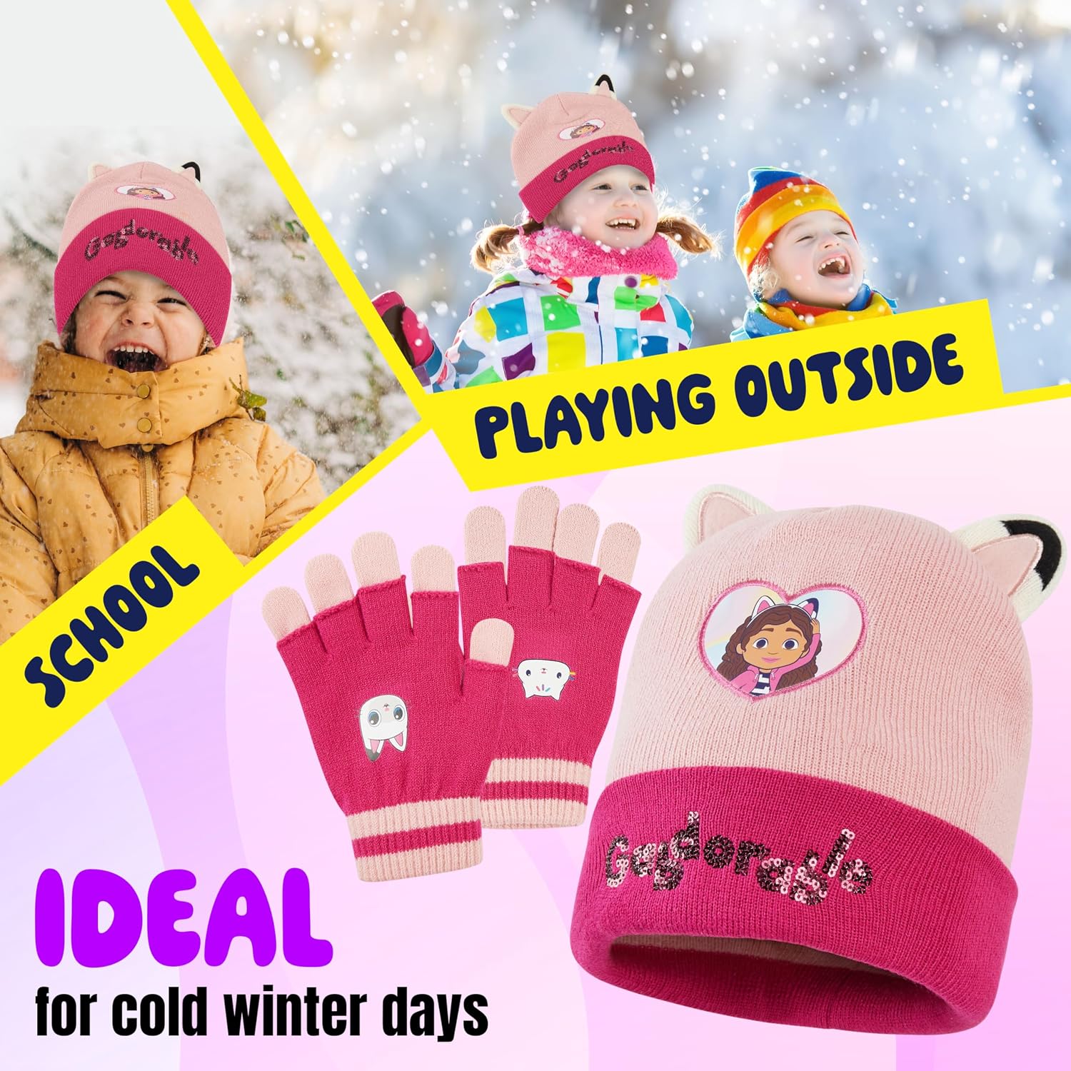 Gabby's Dollhouse Girls Beanie Hat and Gloves Set, Winter Beanie Warm Mittens for Cold Weather, Cozy Gifts for Girls (Pink)