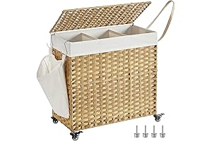 SONGMICS 3-Section Laundry Hamper with Lid and Wheels