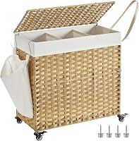 SONGMICS 140L 3 rekeszes szennyesgyűjtő kosár fedéllel, kerekekkel és kivehető zsákkal - 140 L (66 x 33 x 66 cm), 2-Natural 1