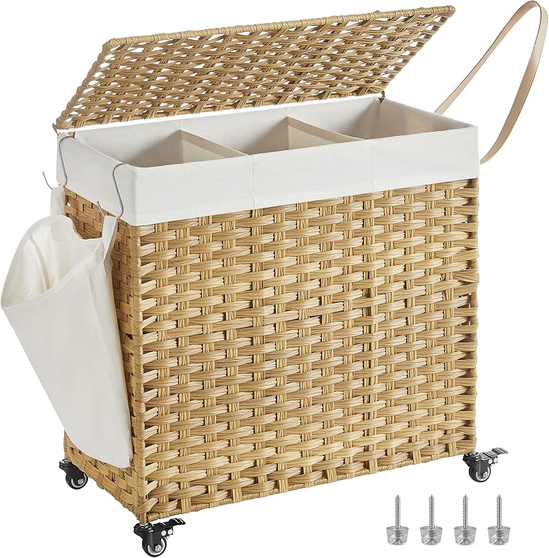 SONGMICS 140L 3 rekeszes szennyesgyűjtő kosár fedéllel, kerekekkel és kivehető zsákkal - 140 L (66 x 33 x 66 cm), 2-Natural