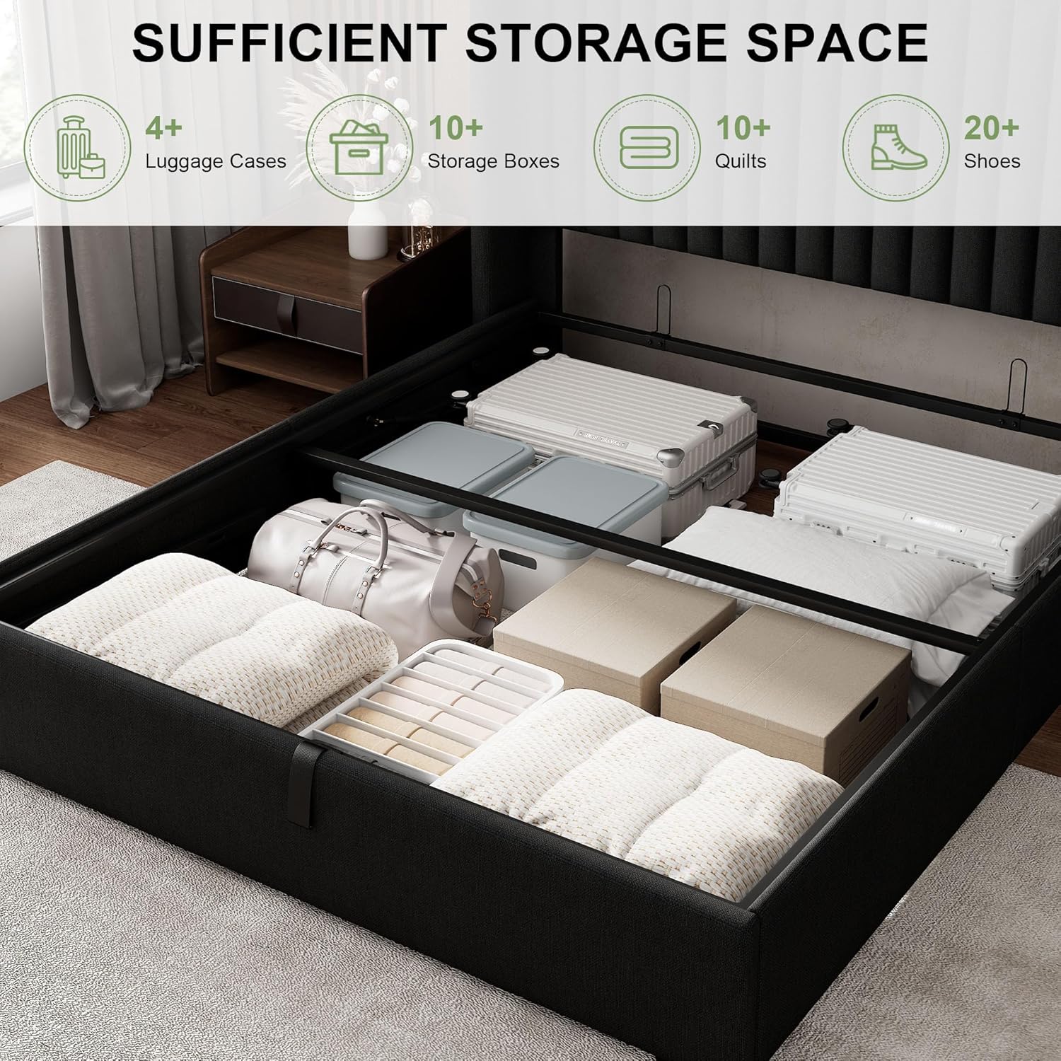 close-up of Feonase lift up storage bed frame hydraulic rods and platform slats