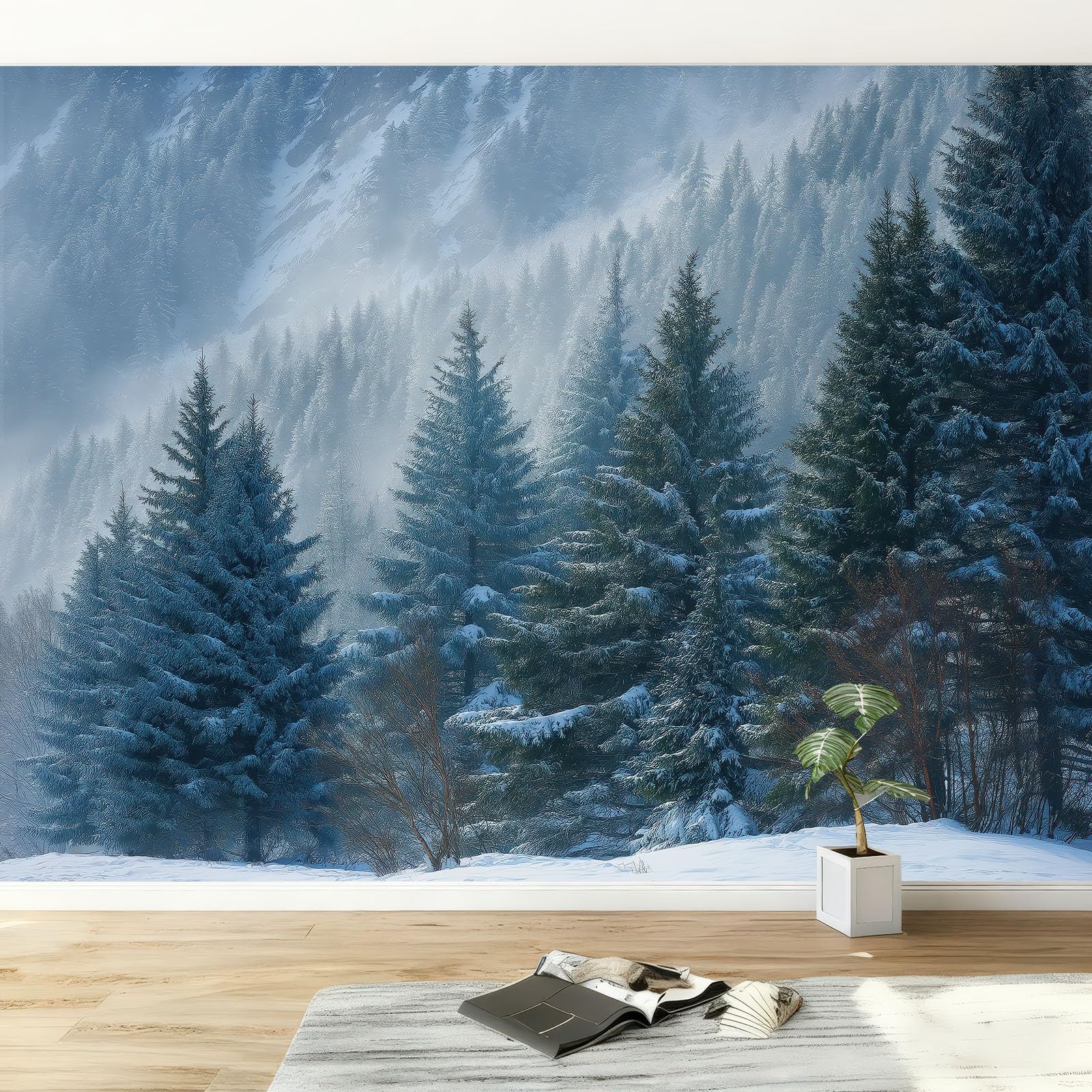 Papier Peint Panoramique Forêt d'Hiver Enneigée 350x256 cm pour Chambre