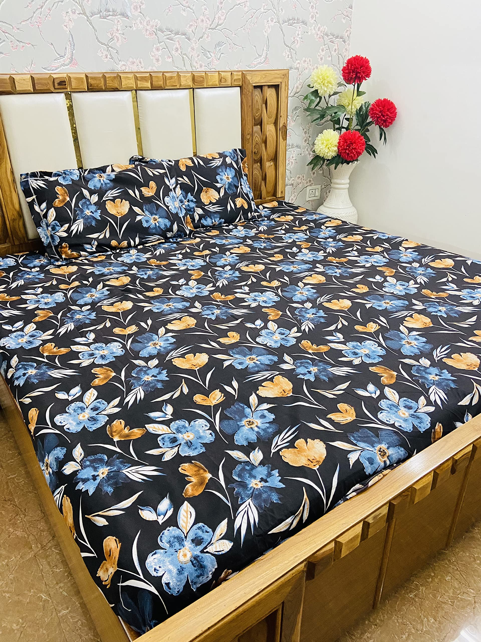CIERGE Cotton Double Bedsheet with 2 Pillow Covers (Blue Flower)