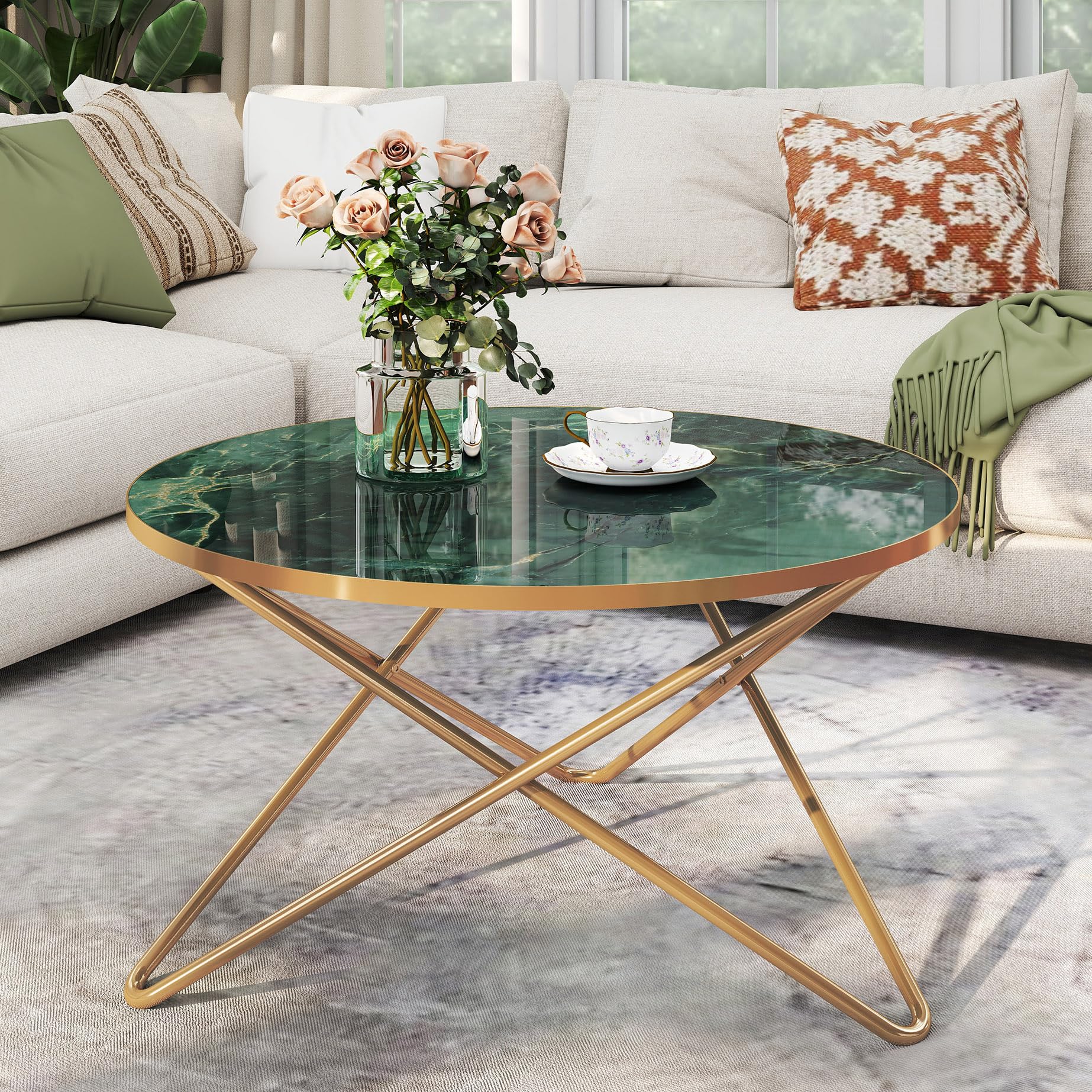 MROJISC Coffee Table, Round Coffe Table with Marble Effect Tabletop and Gold Metal Frame, Green Coffee Tables for Living Room, Bedroom