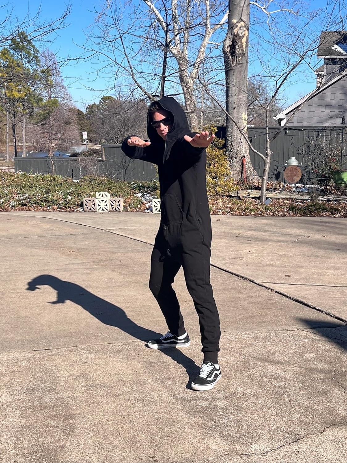 Woodies Black Onesie for Adults, Lounge Style Non-Footed Onesie Pajamas with Hoodie for Women and Men, Unisex Half Zipper PJs - Image 3