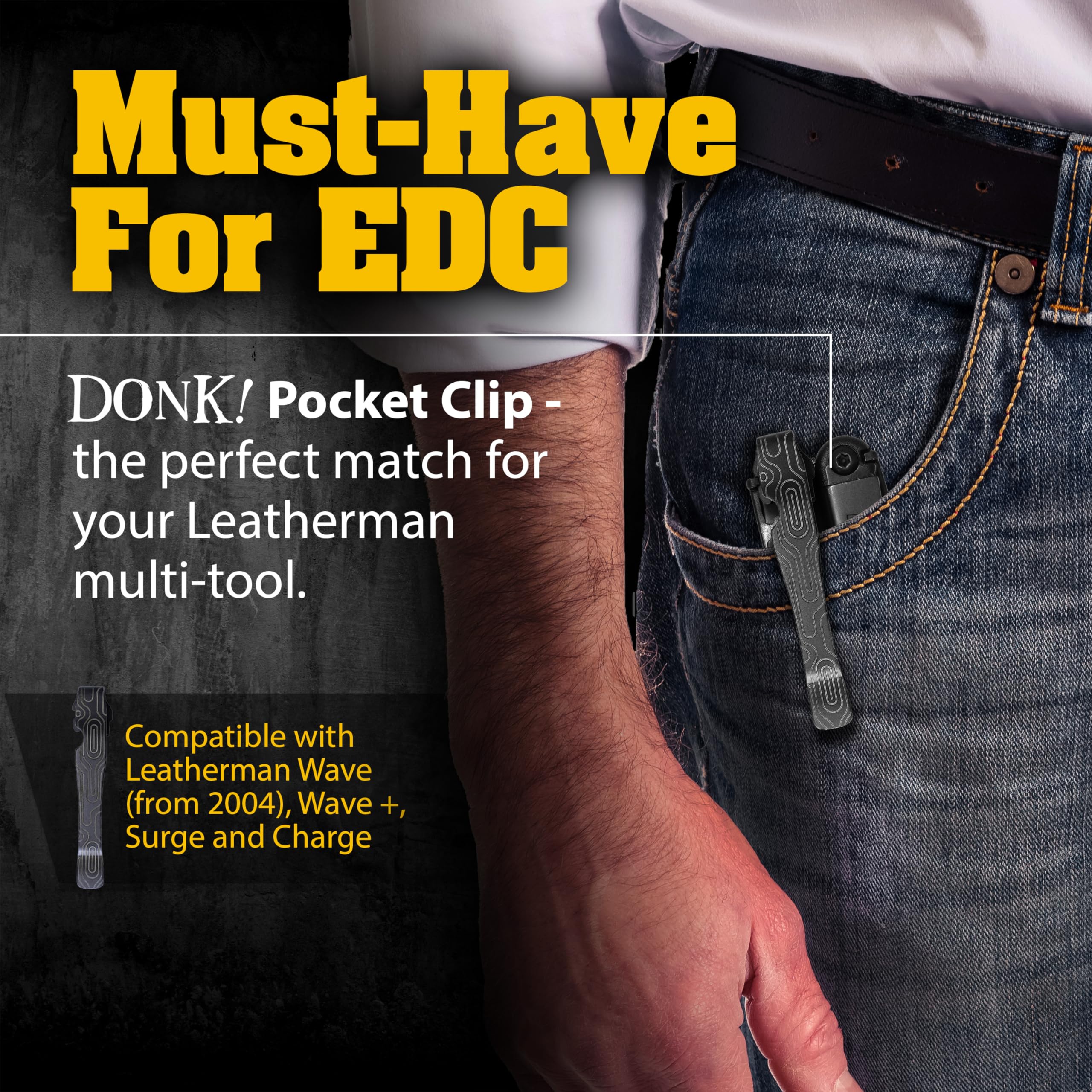 Donk! Pocket Clip for Leatherman Wave, Wave Plus+, Surge & Charge AL, ALX, Ti, XTi - Titanium TC4 - Custom Designs - Quick Release - Extra Carry Options 'Norwegian Wood Dark’
