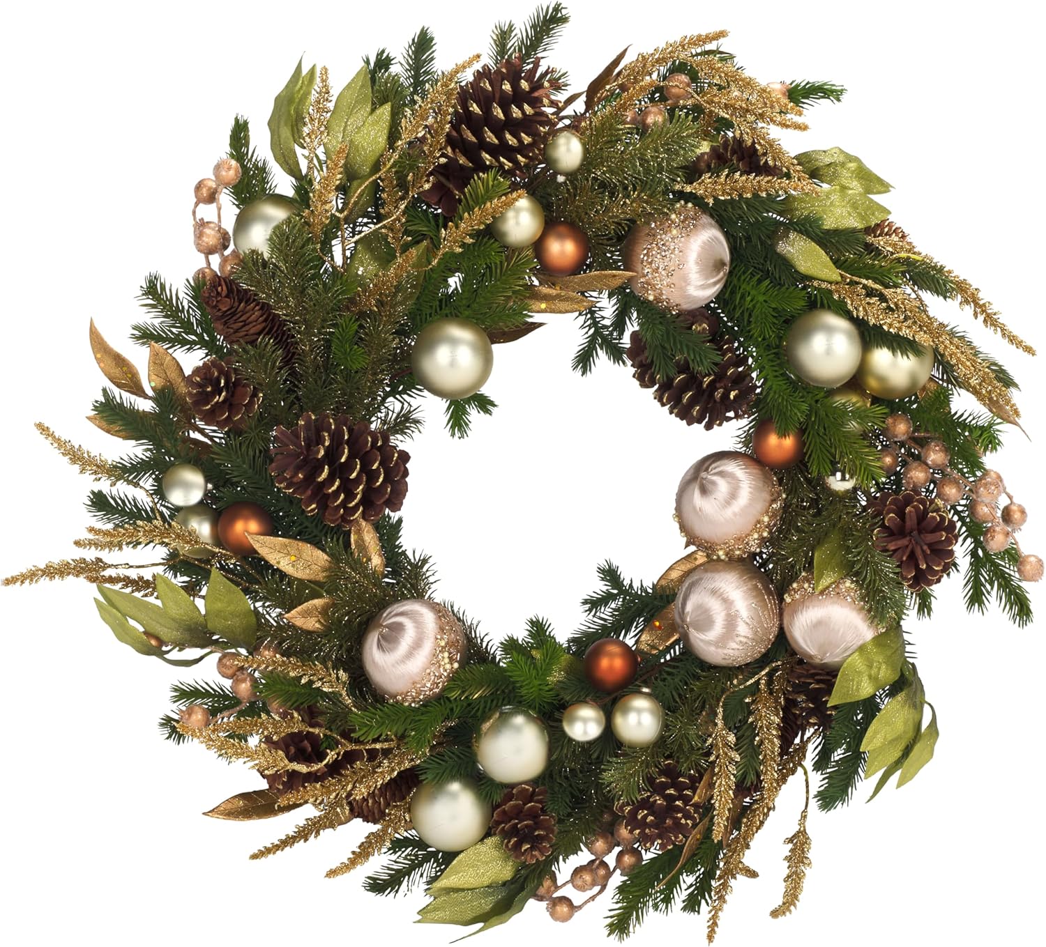 SAFAVIEH Home Collection - Luxe Gilded Pine Wreath, 28-Inch, Holiday Door Decor with Gold Ornaments & Pine Cones (FXP1098A)