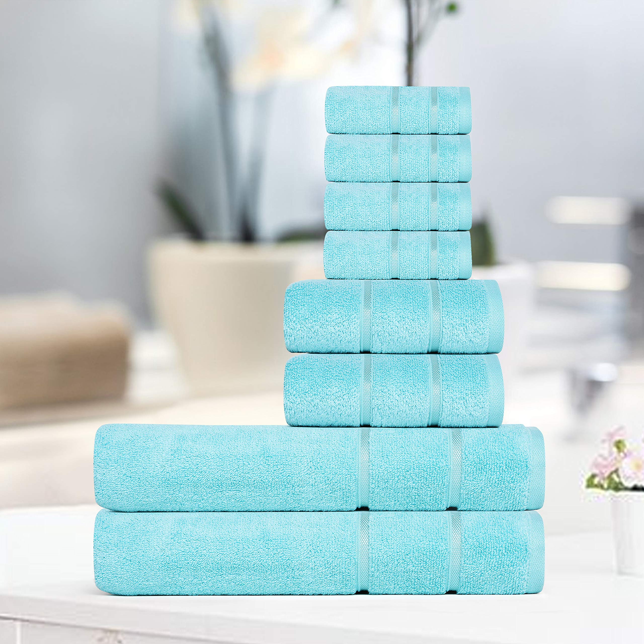 DIVINE OVERSEAS Allure Luxury Zero Twist Naturally Cotton Yarn 8 Pieces Towel Set with 2 Bath Towels 27"x54", 2 Hand Towels 16"x27", 4 Face Towels 13"x13", Soft, Absorbent, Quick Dry, Fresh Aqua Color