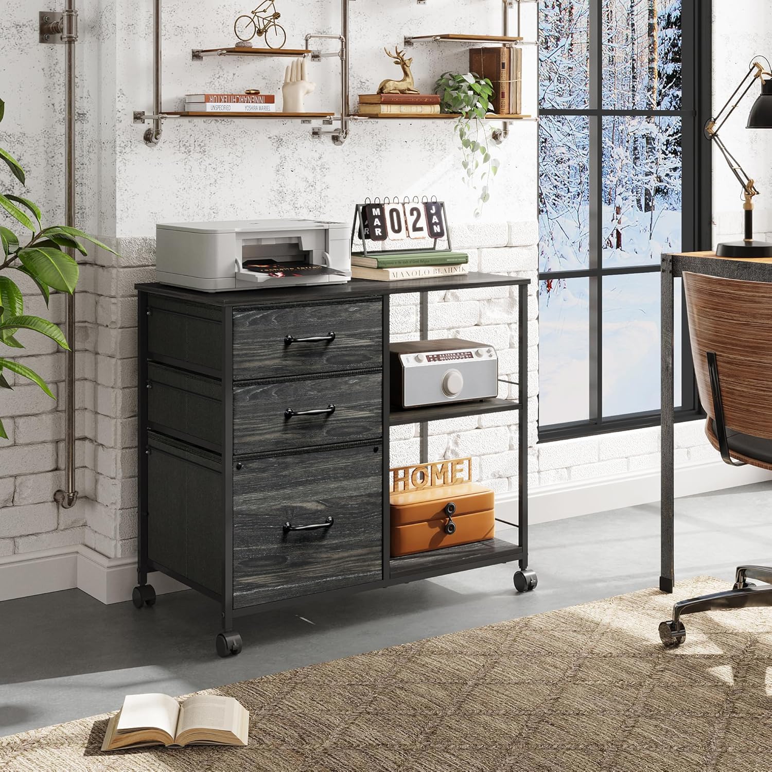 DEVAISE file cabinet in an office setting with a printer and decor