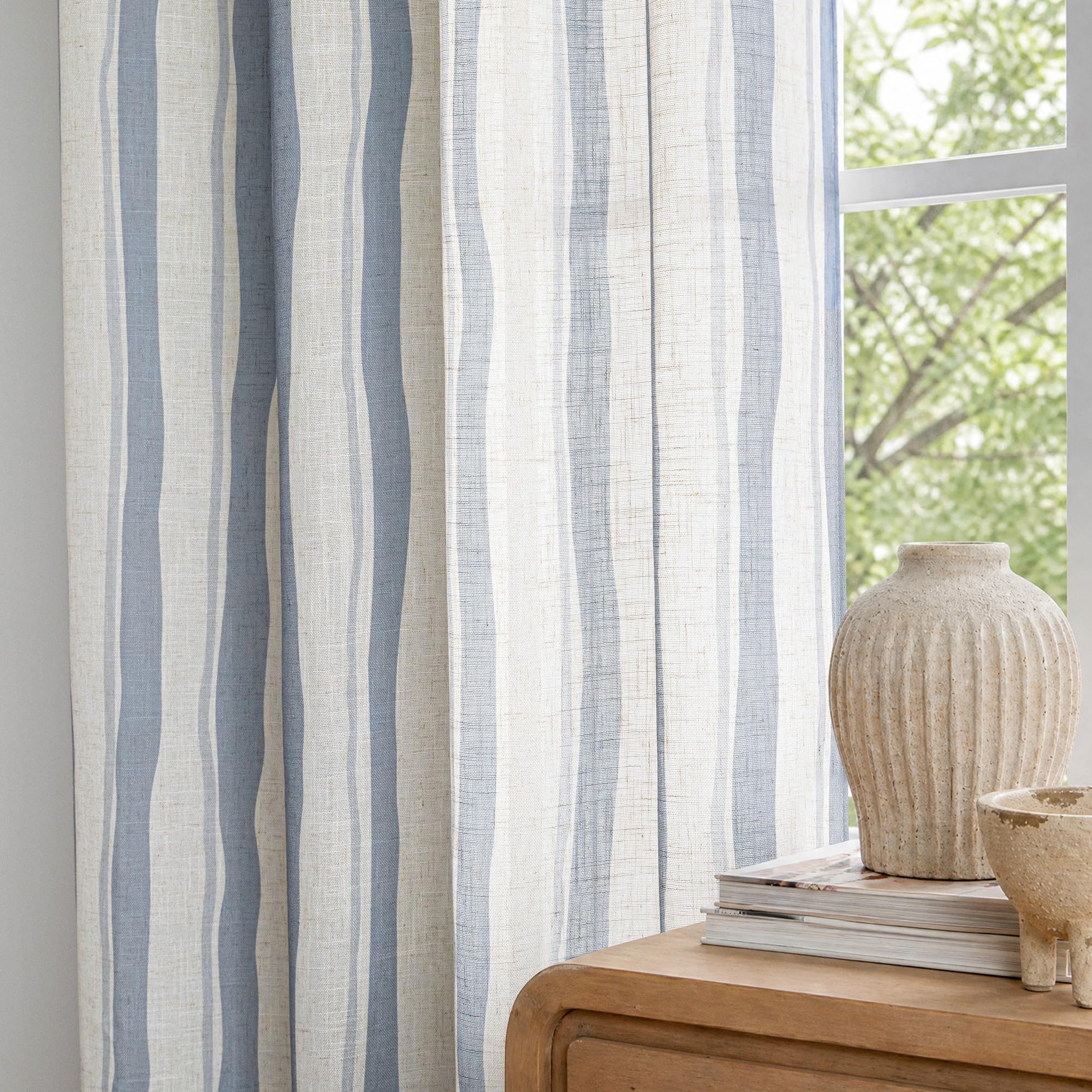 Rideau voilage lin bleu 140x245 cm imprimé vagues pour salon moderne et chambre à oeillets