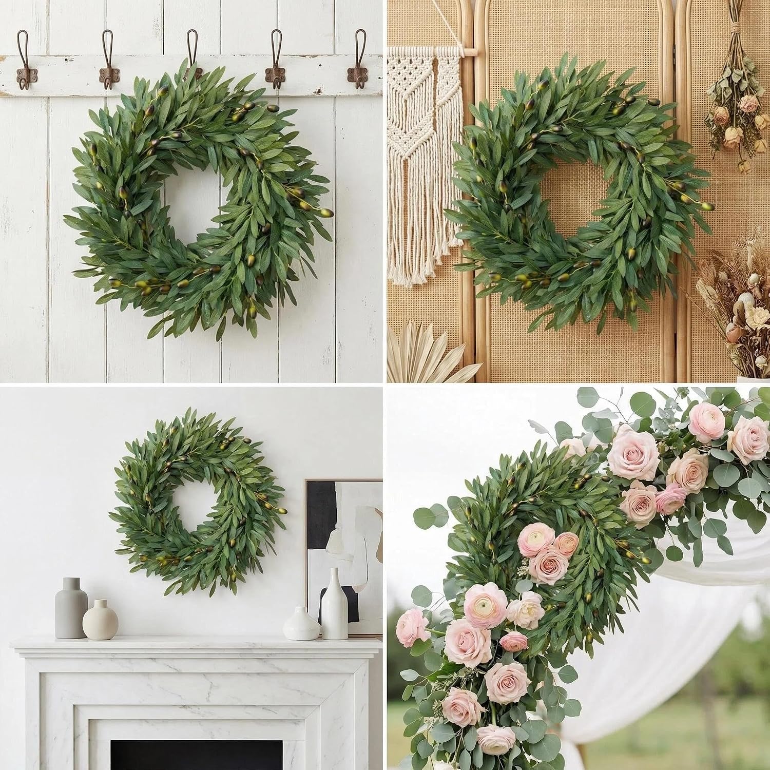 24 Inch Artificial Olive Wreath for Front Door, Large Realistic Olive Leaf Wreath with Hand-Painted Olives, Premium Silk Greenery Year Round Farmhouse Decor for Spring Summer Fall Home Wall