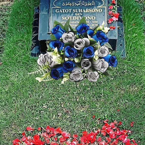 Miniatura 6 de U'Artlines 2 flores artificiales de cementerio con jarrón para tumba, rosas conmemorativas de seda, flores de tumba, flores para tumba, cementerio,