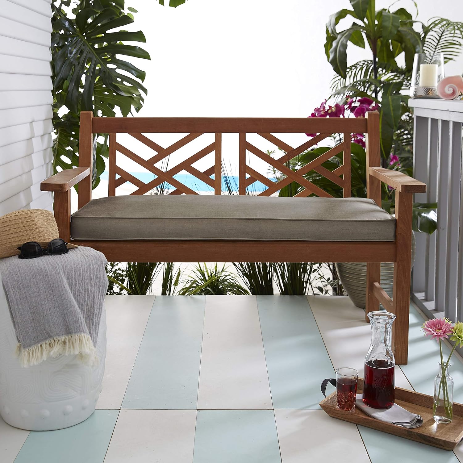 Sorra Home Sunbrella Corded Bench Cushion - Fade & Water Resistant, Outdoor & Indoor Long Patio Furniture Cushion with Plush Foam - Canvas Taupe (60" x 18" x 2")