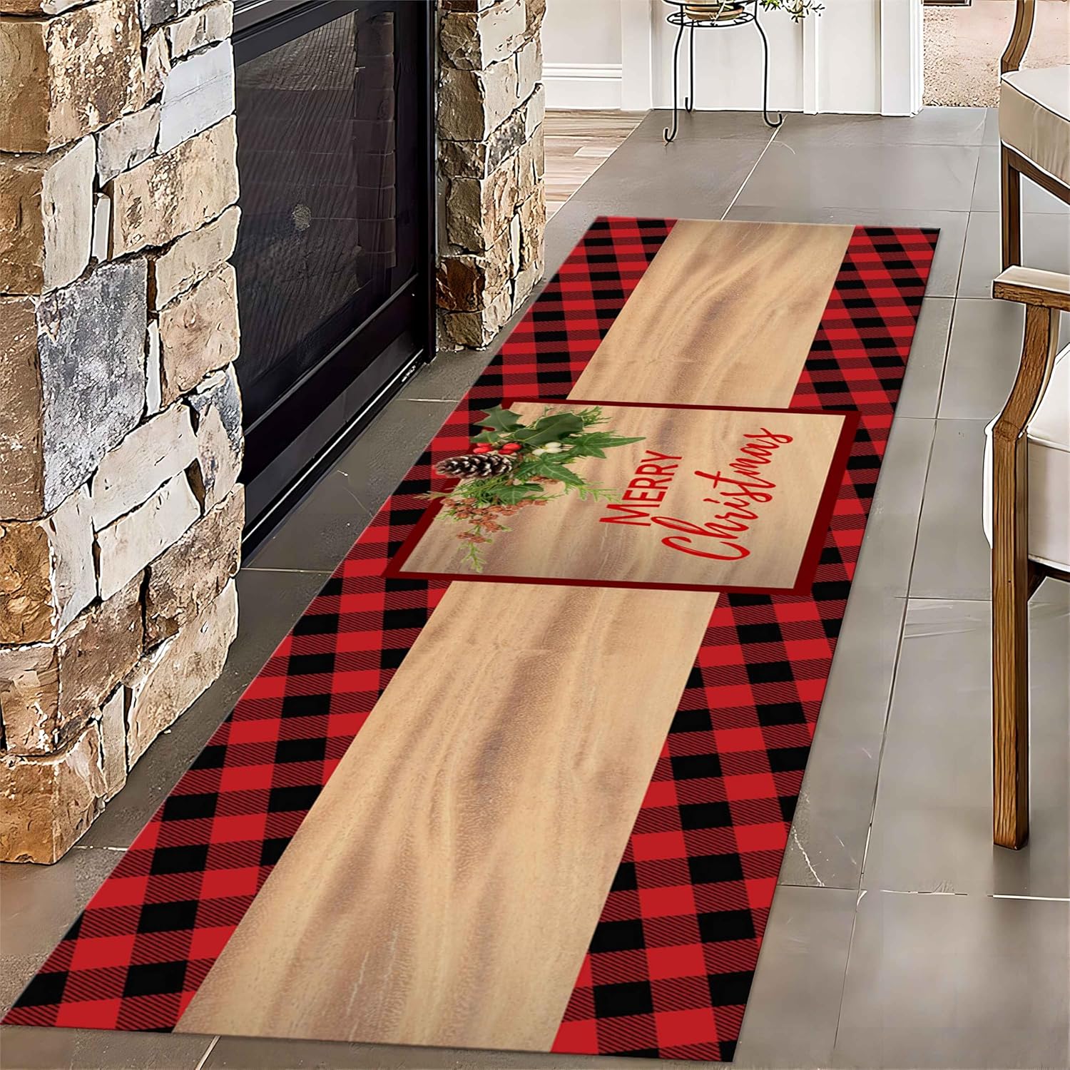 Wooden Board Red Buffalo Plaid Long Hallway Rug Runners