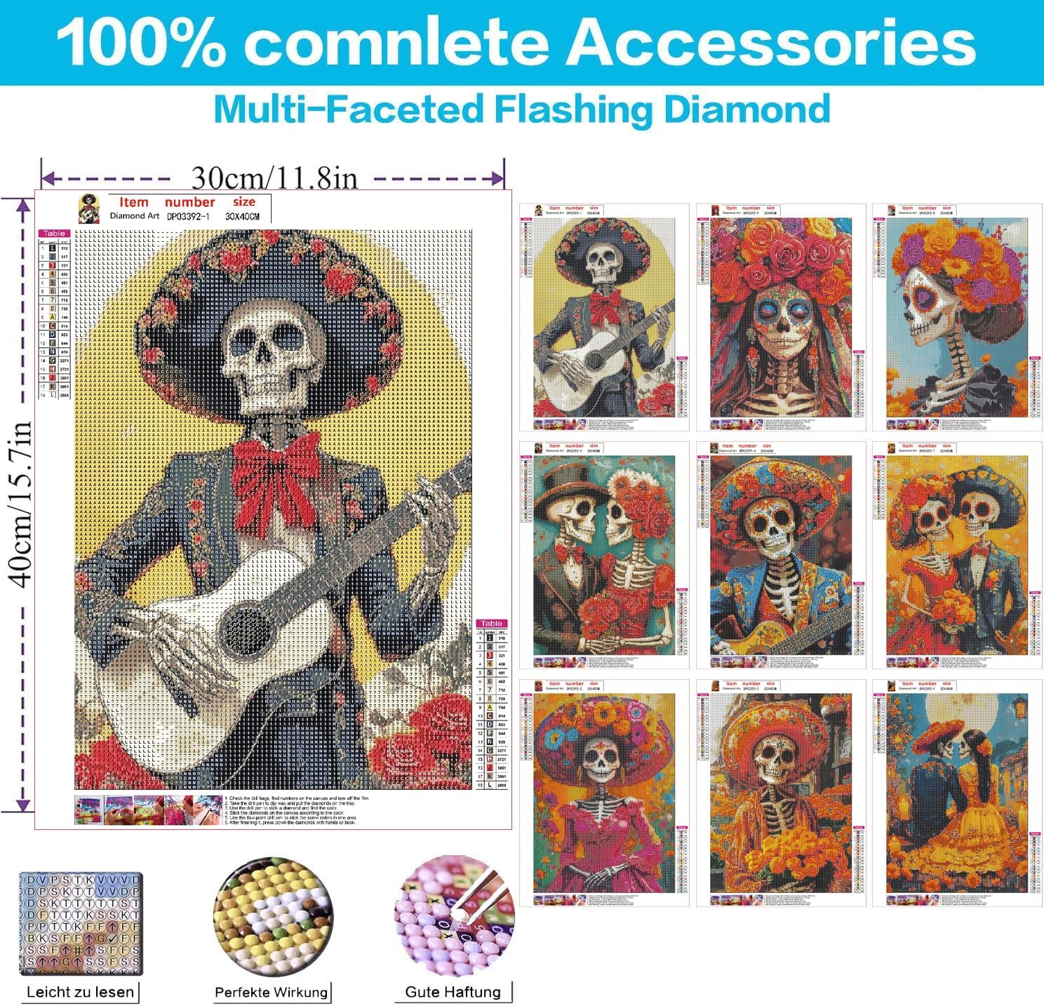 WUDWL 9 Pack Halloween Diamond Art Kits for Adults Beginner, Day of the Dead DIY Modern Diamond Painting Kits 5D Diamond Dots Gem Art Crafts with Tools,Round Full Drill for Women's hobbies-12x16in