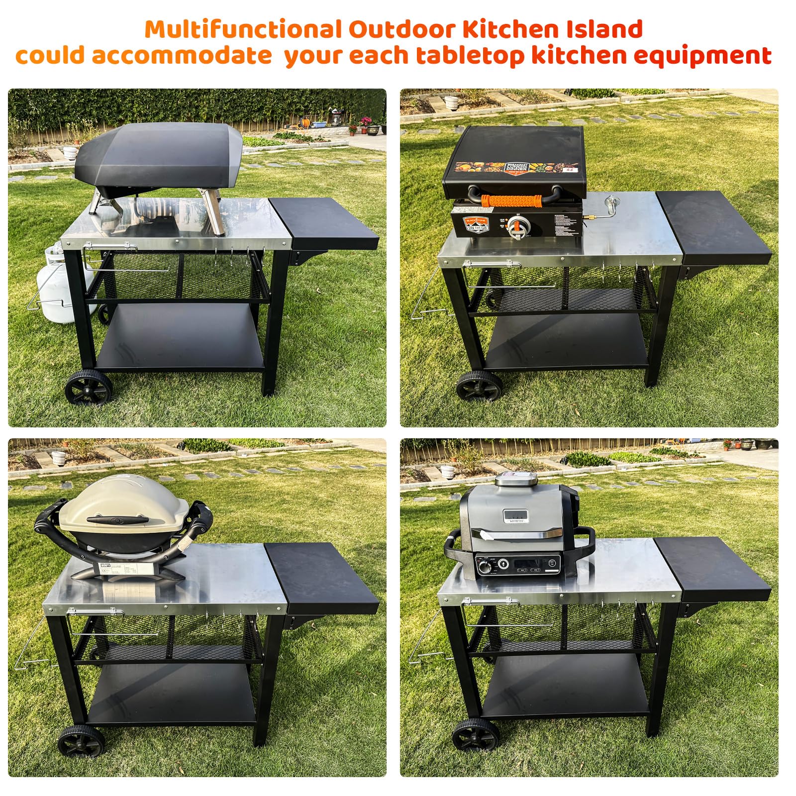 GFTIME Mesa de barbacoa de acero inoxidable con 3 niveles, soporte para horno de pizza, mesa de barbacoa para exteriores, carrito de trabajo con 4 ganchos, carrito de servicio al aire libre, mesa