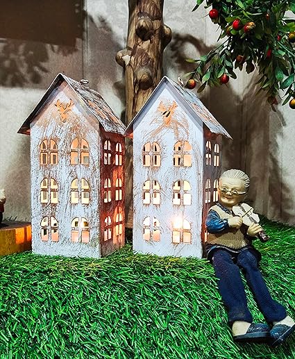 Amishi Blissful Decors Presents Set of 2 Light House for Diwali Decoration Christmas Decoration Tealight Holder Tea Light Lanterns (White -Copper)