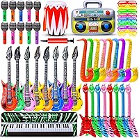 MaxFun 48pcs Inflatable Rock Star Toy Set - Guitars, Mics, Sax & Props for 80s 90s Kids Party Favors & Decorations