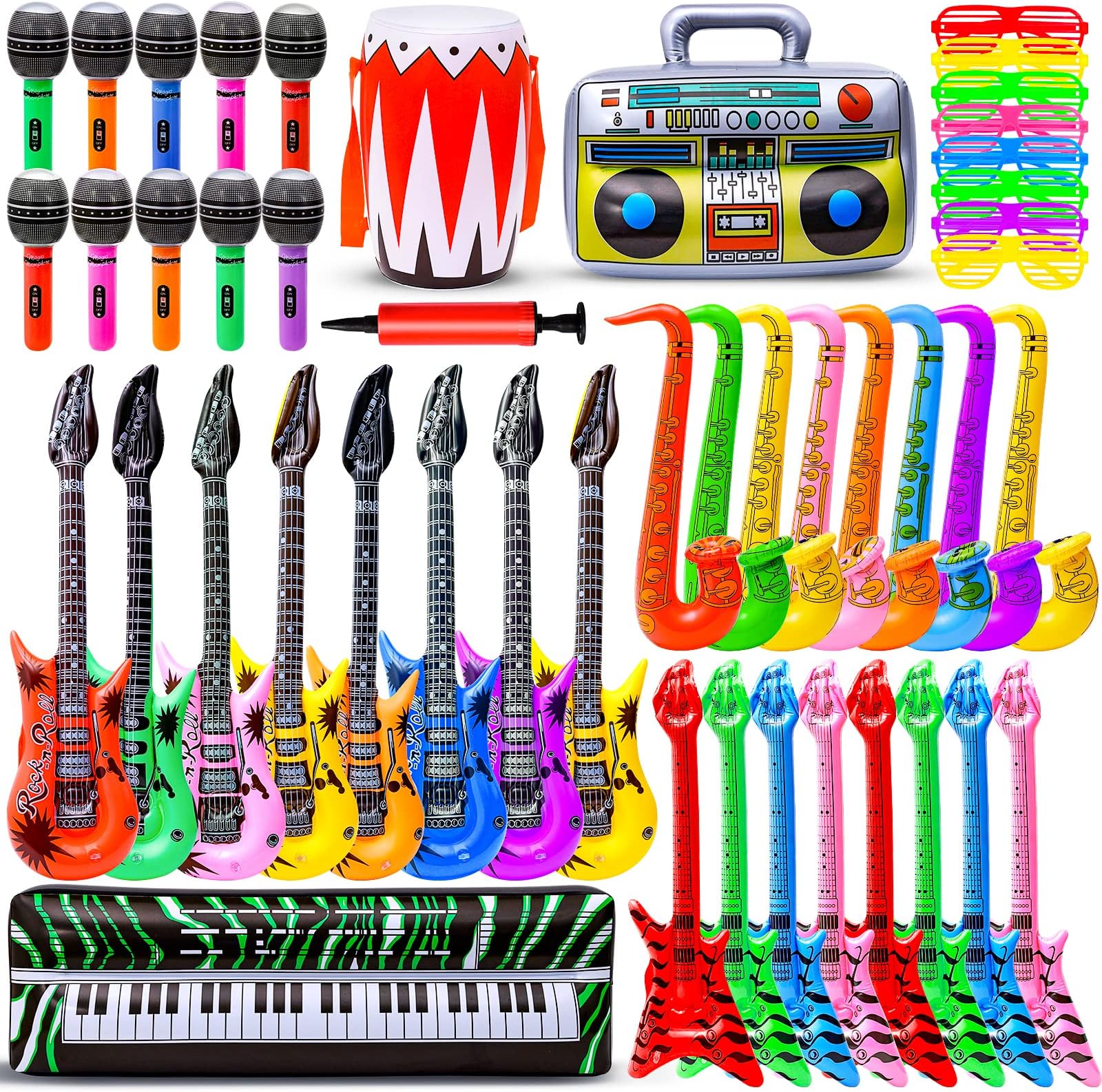 Max Fun Inflatable Rock Star Toy Set, 48pcs Inflatable Party Props for Kids 80s 90s Party Decorations Inflatable Guitars Inflate Rock Band Assortment Party Favors (Random Color)