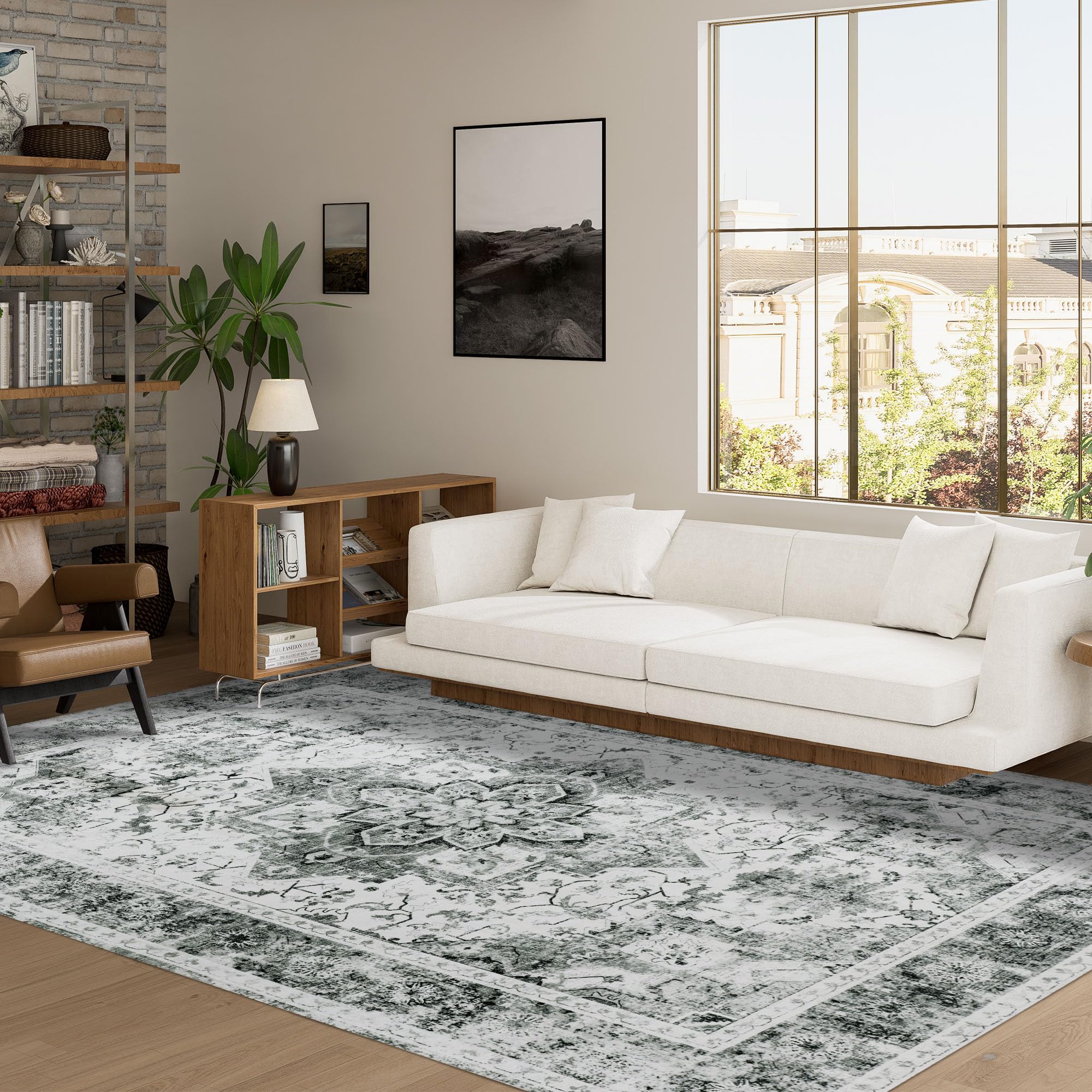 HOMBYS 8x10ft Thickened Memory Foam Area Rug for Living Room Bedroom, Large Soft Vintage Floor Carpet for Indoor, Boho Home Deco Non-Shedding, Grey, Machine Washable