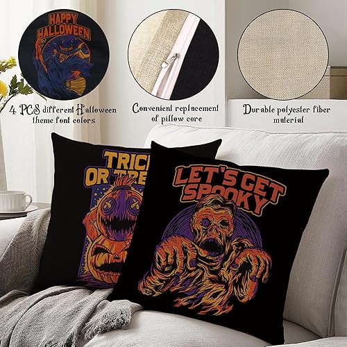 Miniatura 6 de MGupzao Juego de 4 fundas de almohada de Halloween de 18 x 18 pulgadas para decoración de Halloween en interiores, funda de almohada de lino para