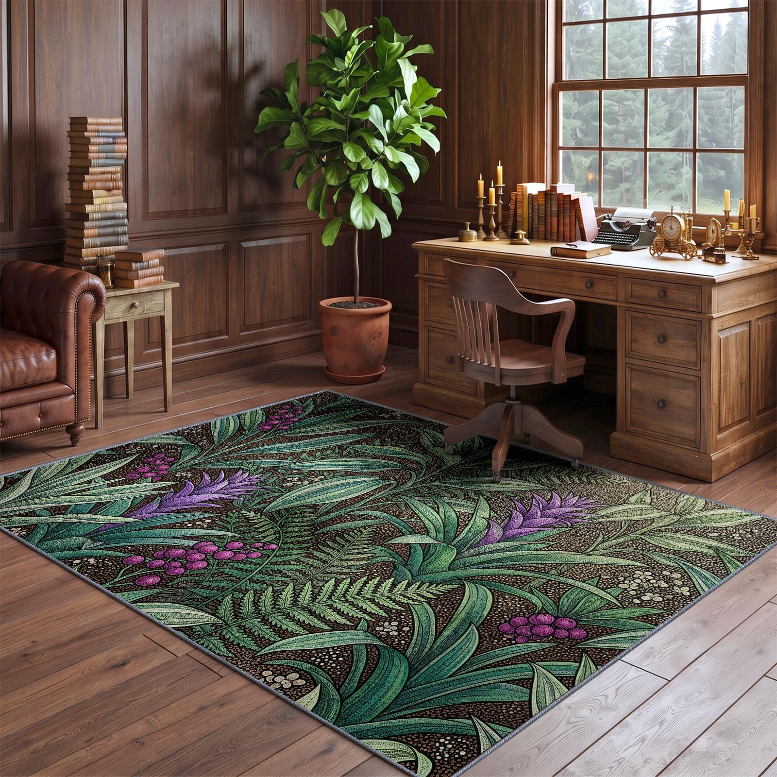 Tapis Poil Ras Salon Illustration Tropicale Doux Moquette Chambre 80 x 150 cm, Lavable Descente De Lit Vert pour Cuisine, Salle à Manger, Bureau Couloir-Tapis Forêt Tropicale Humide Fougères Plantes