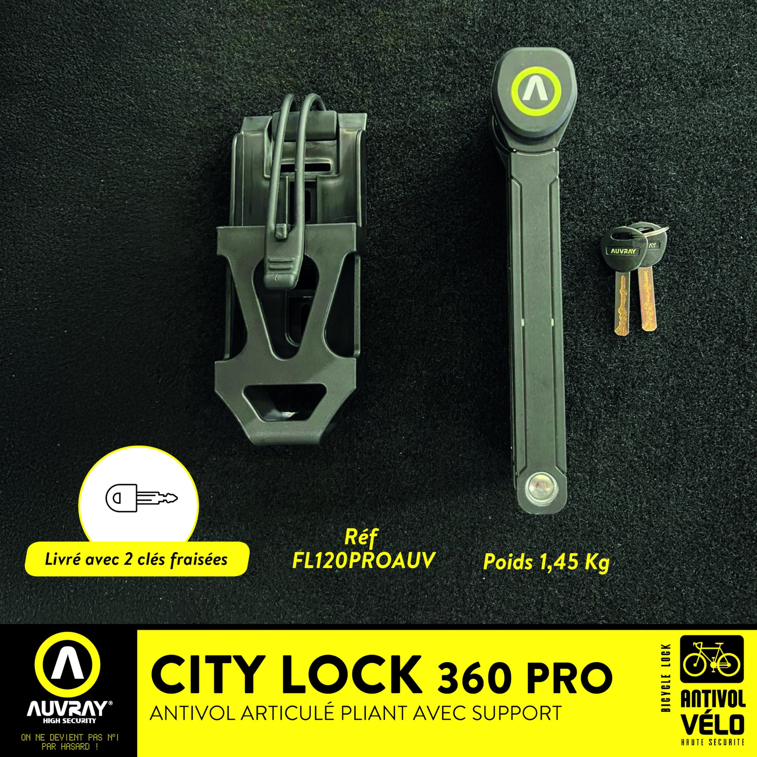 AUVRAY - Antivol vélo articulé City Lock 360 Pro - Certifié ART 4321 - Niveau de sécurité 8/10 - Recommandé par les Assureurs - Longueur 1200mm - Acier trempé - Tête rotative 360° - Haute sécurité