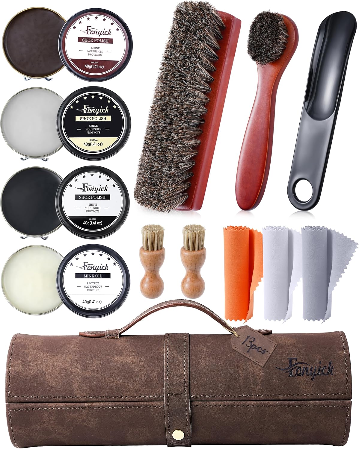 13Pcs Shoe Polish Kit, Shoe Shine Kit – Includes Horsehair Shoe Brush, Applicators, Black & Brown Polish, Mink Oil, Premium Leather Boot Care Set, Portable Travel Shoe Shine Box, Matte Finish