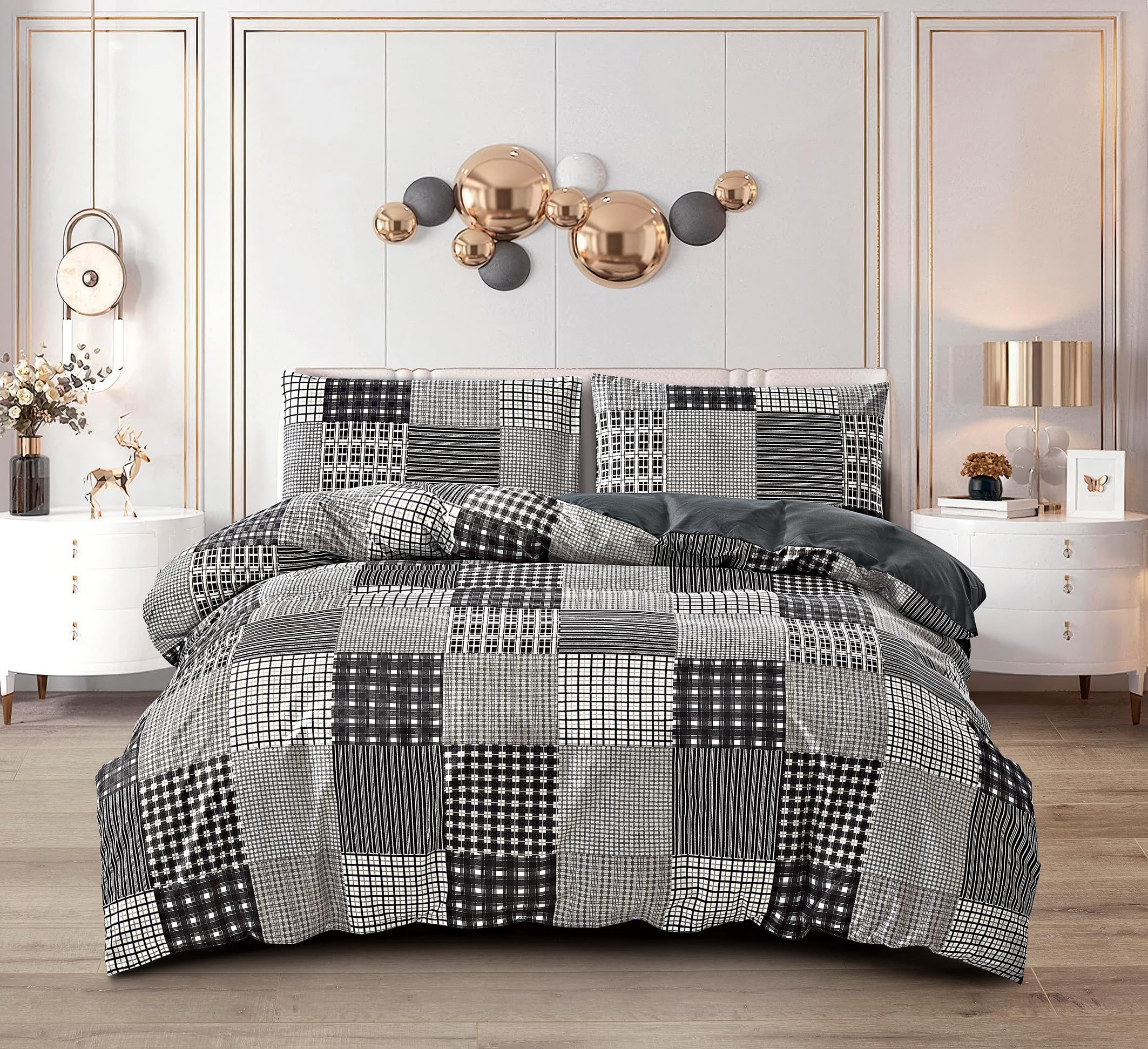 PRIME LINENS Duvet Cover Set 3 Pcs Brushed Microfibre Quilt Cover Bedding Set With Pillow Cases and Extra Fitted Sheet Included (Check Decor, Single)