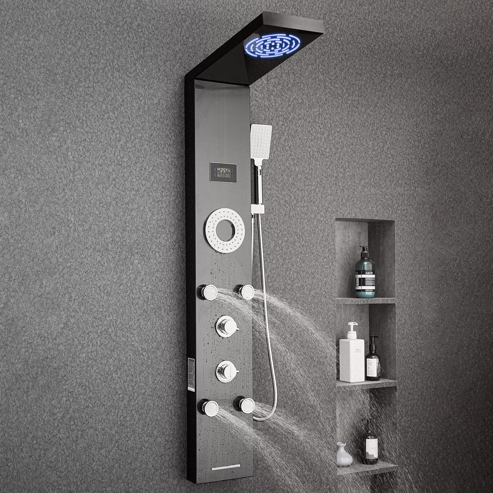 VEVOR Pannello Doccia con Sistema a Torre con Soffione a Pioggia, LED, Colonna Doccia in Acciaio Inox Spazzolato da 1345 mm Rubinetto a 6 Funzioni, con 5 Getti Corporei, Doccetta, Beccuccio per Vasca