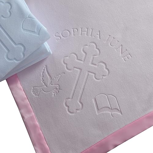 Miniatura 9 de Manta de regalo para bebés niños o niñas para bautismo. Diseño personalizado religioso cruz y biblia, Rosado