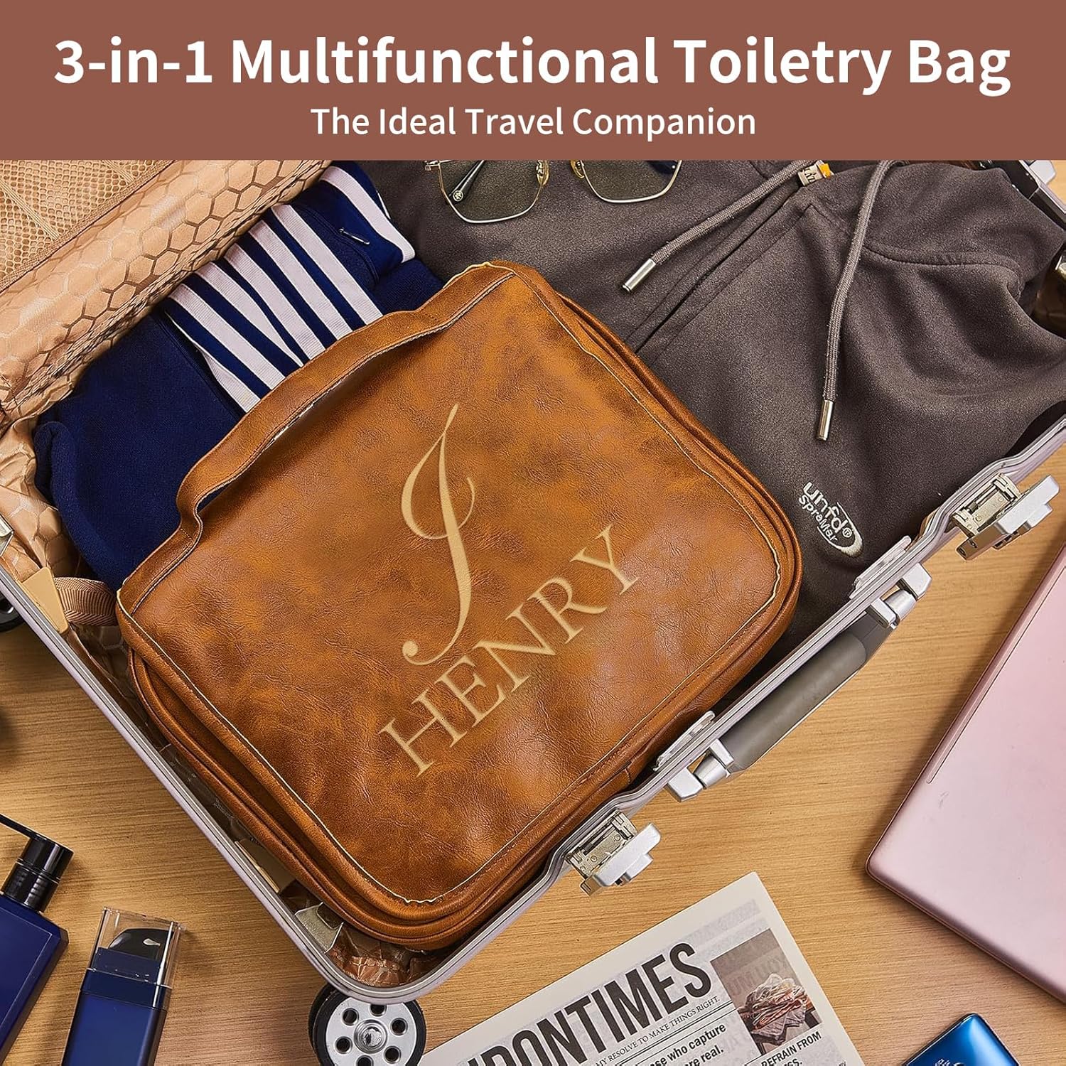 3-in-1 Personalized Toiletry Bag For Men, Waterproof PU Leather Travel Dopp Kit, Large Hanging Travel Organizer Bag, Gifts for Dad, Hubby, Boyfriend, Bridegroom, Groomsmen, Father's Day (Style 3)