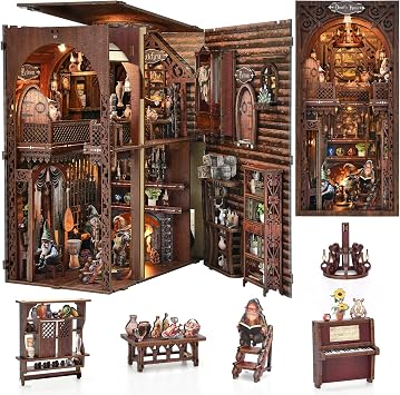 Book Nook Kit - DIY 3D Wooden Puzzle Miniature Dollhouse Bookshelf Bookend with Touch LED Light "Cheerful Dwarf House"
