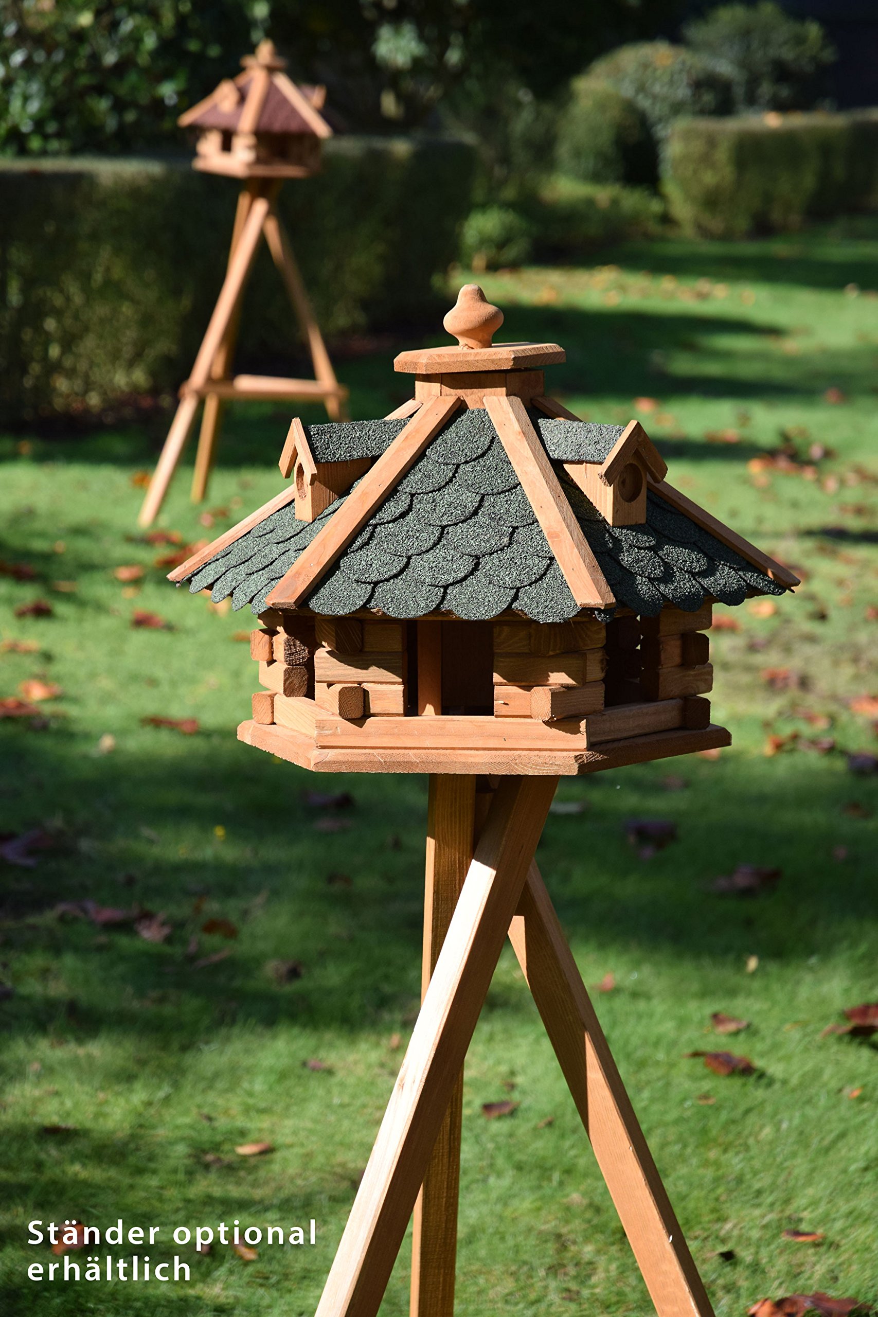 dobar® 98720e Vogelfutterhaus Bitumenschindeldach 6-eckig - Vogelhaus aus Massivholz - Vogelfutterstation mit Futtersilo - 6-eckige Vogelvilla - 51 x 45 x 37 cm - Grün