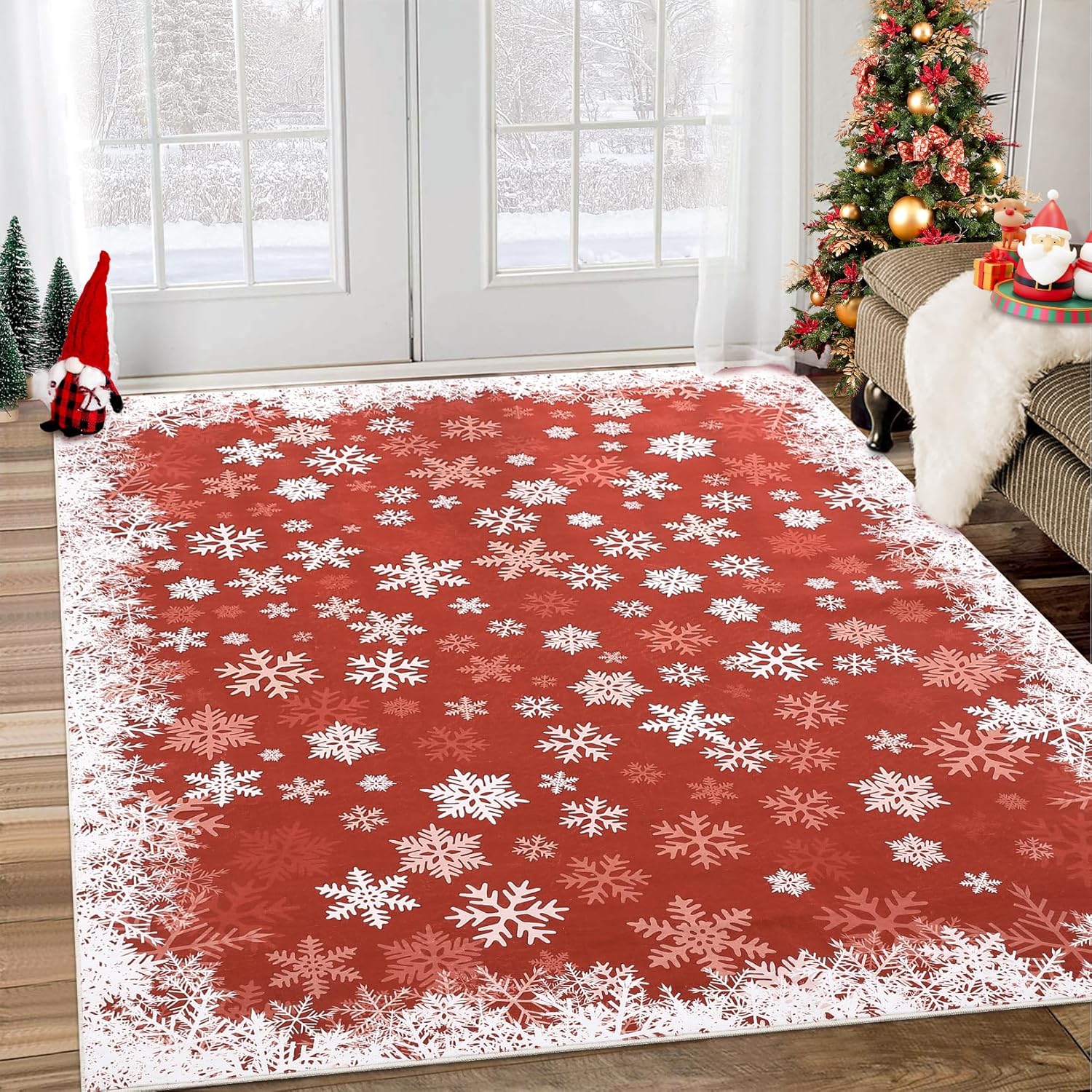 GarveeHome Christmas Rug 8x10 Non-Slip Area Rugs Holiday Christmas White Snowflakes Home Decor Rugs Carpet for Classroom Living Room Bedroom, Red 8' x 10' (Rectangular) Red