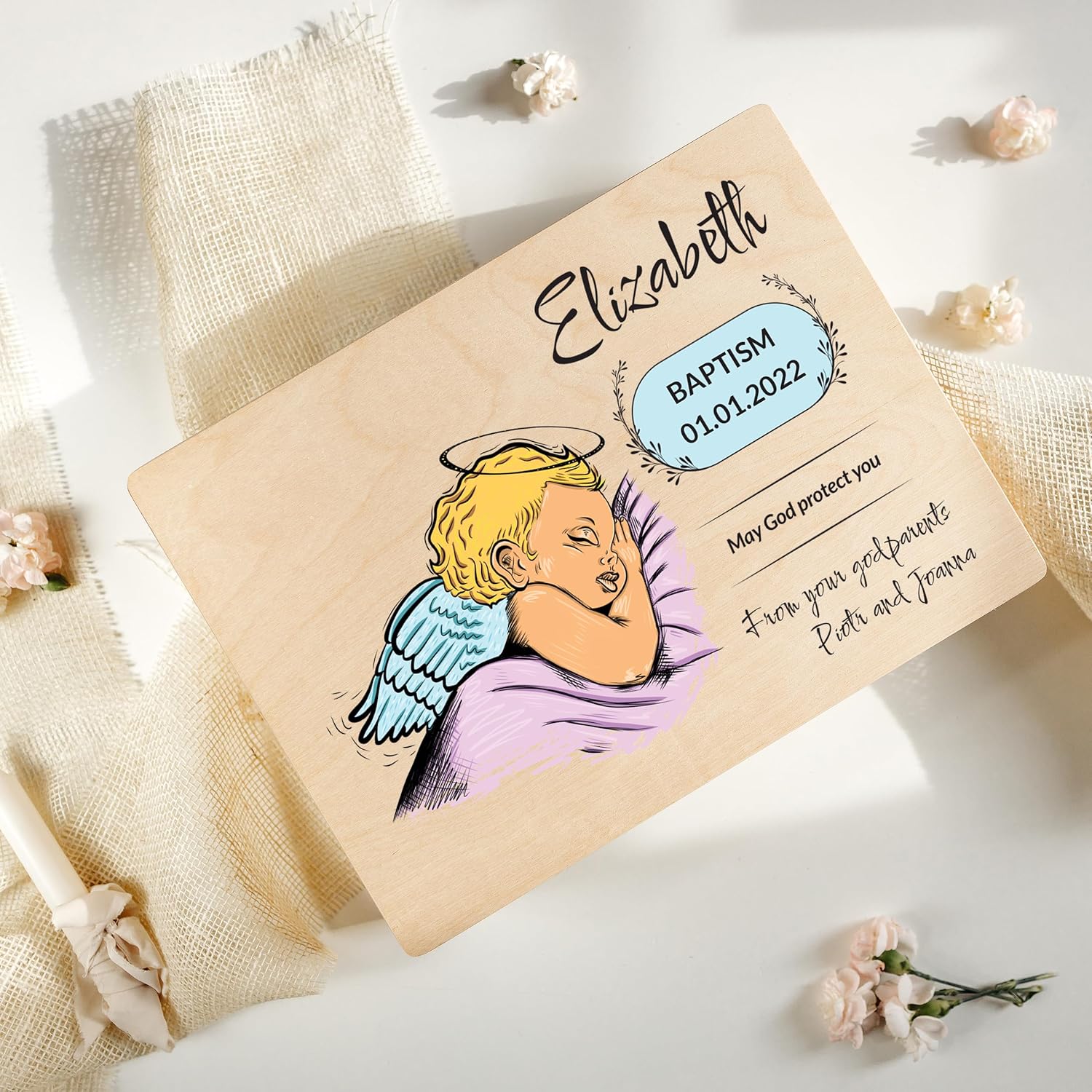 Personalized Wooden Storage Box Baptism Box | 15.8x11.8x5.5in (+-0.5) | Multiple Choice | Hinged Lid Handle Engraving | Unpainted Gift Box | Rough UNSANDED Keepsake Souvenir Chest