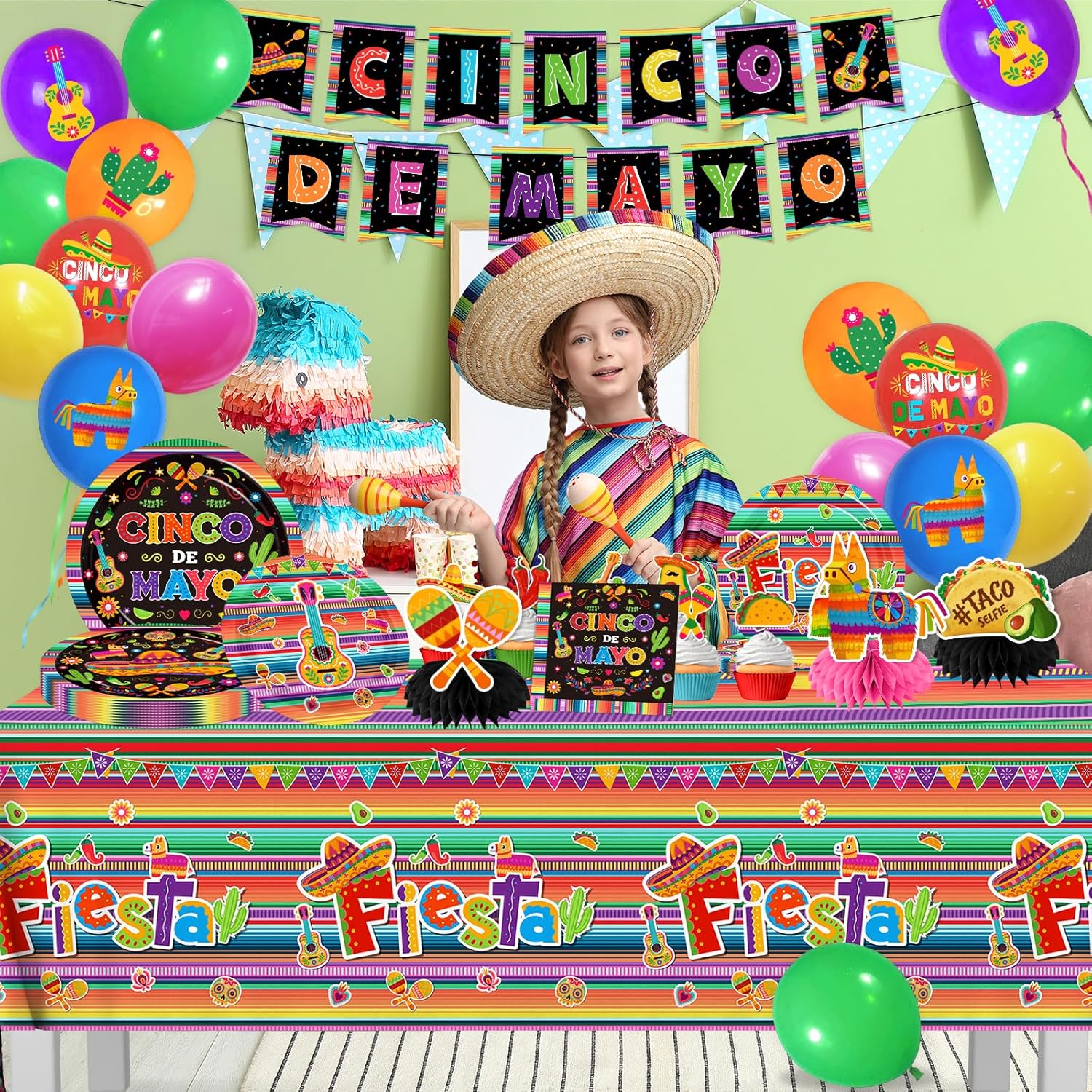 Cinco De Mayo Decorarions, Fiesta Party Decorations Mexican Tableware incldue Fiesta Plates and Napkins,Cups,Banner,Balloons,Tablecloth,Hanging Swirl,Cake Topper,Honeycomb for Mexican Party Supplies