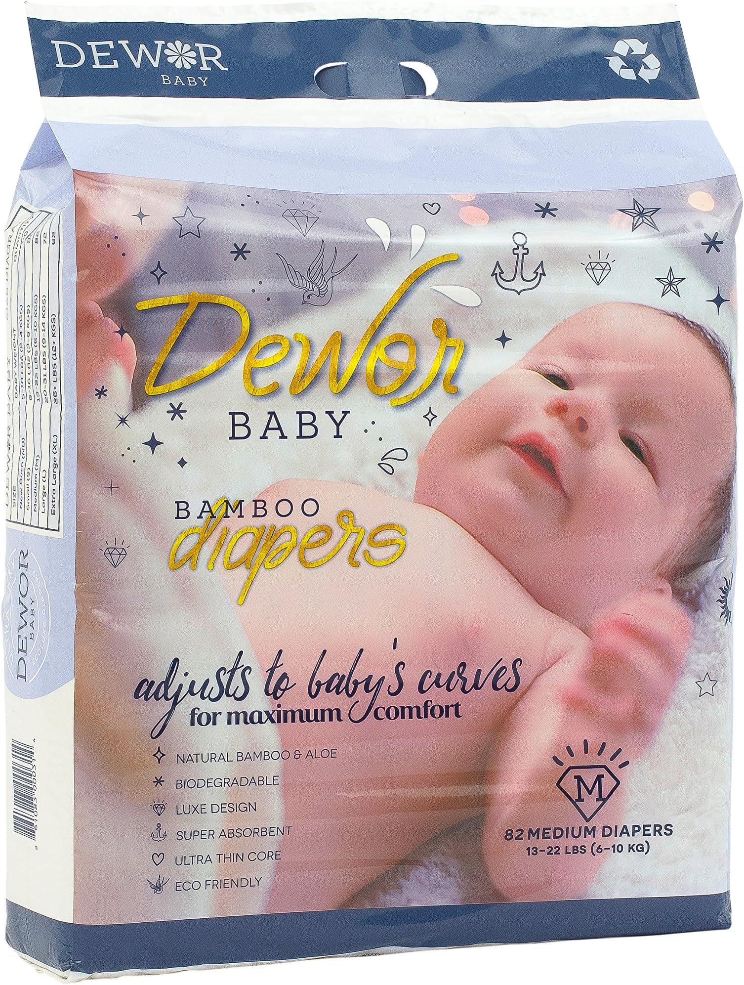 Dewor Baby Premium Bamboo Disposable Diapers,Eco-Friendly Diapers, Diaper Size (Medium - 74 Pack)