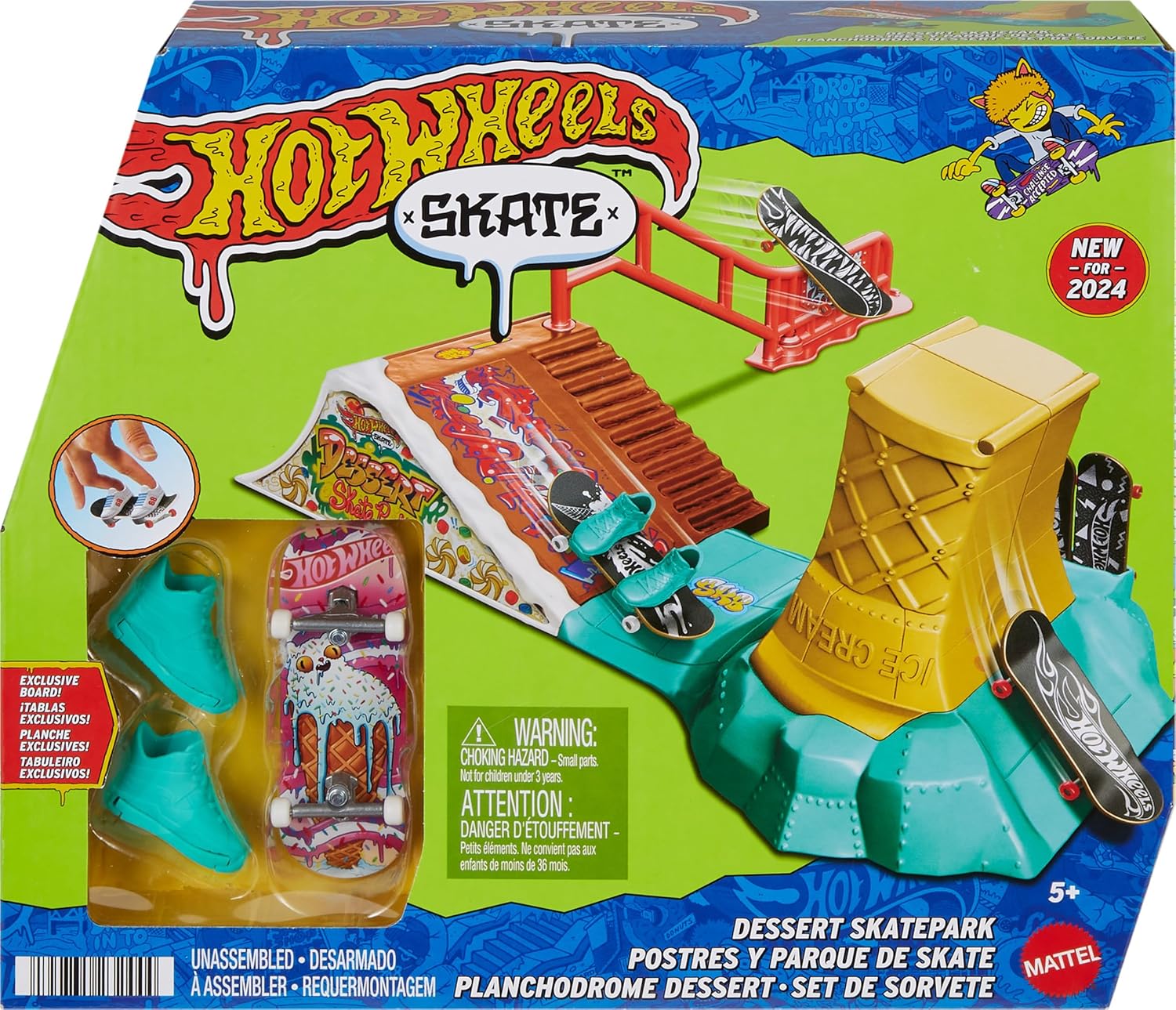 Hot Wheels Skate Fingerboard Playset with 1 Exclusive Finger Skateboard & Pair of Removable Skate Shoes, Dessert-Themed with Built-in Storage