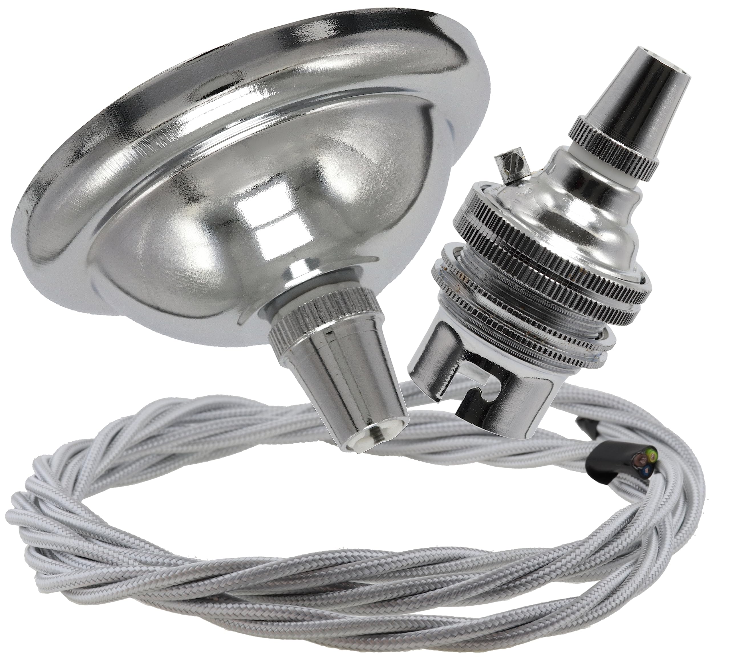 Repaireum Ltd. Vintage Styled Small (67mm) Ceiling Pendant Kit incl. Polished Chrome Effect Rose, B22 Lampholder and 3 Core White Braided Twisted Flex