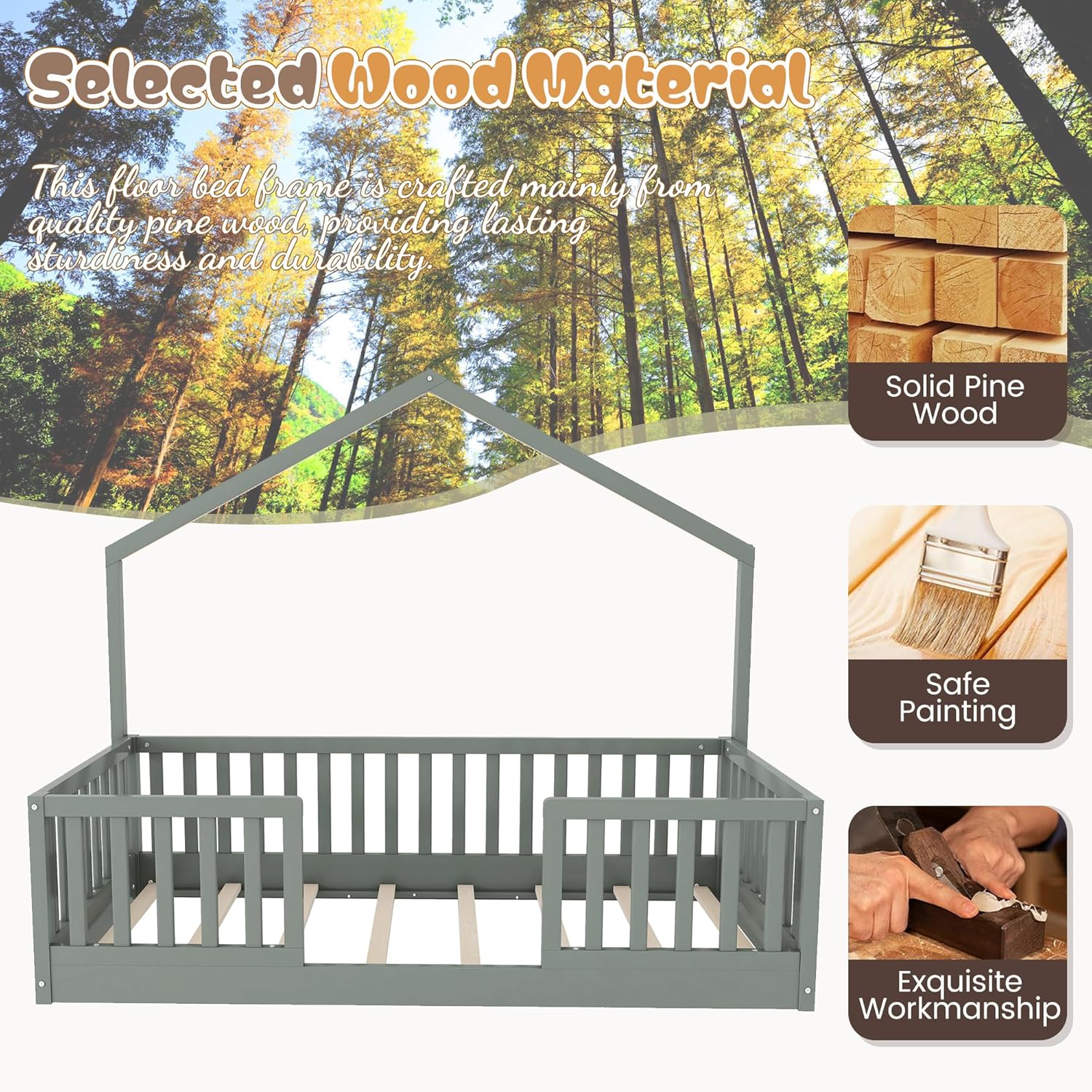 Twin Size Montessori Floor Bed with High Rails, Wood House Beds Frame with LED Light,Low Profile Montessori Bed Twin with Slats for Kids,Boys, Girls, Easy to Assembly, Grey