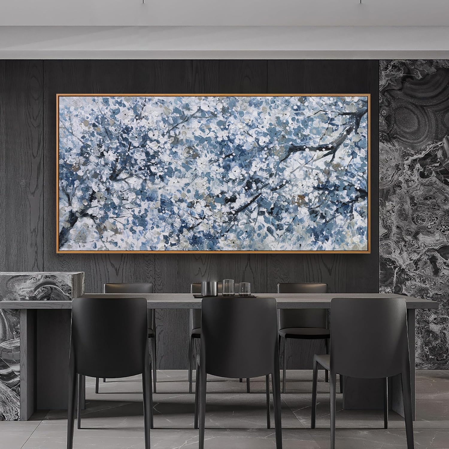 Canvas Wall Art Pictures Wall Decoration Dark Blue And White Abstract Tree Plants Artwork Large Wall Art Modern Painting Framed Pictures For Living Room Home Kitchen Office 29"X58"