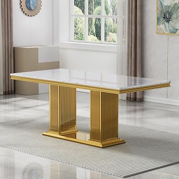 68" White Marble Dining Table for 6 to 8, Luxury Large Rectangular Faux Marble Tabletop & Gold Double Pedestal Base, Mid Century Modern Kitchen Dining Room Table for Dinner Family Gathering
