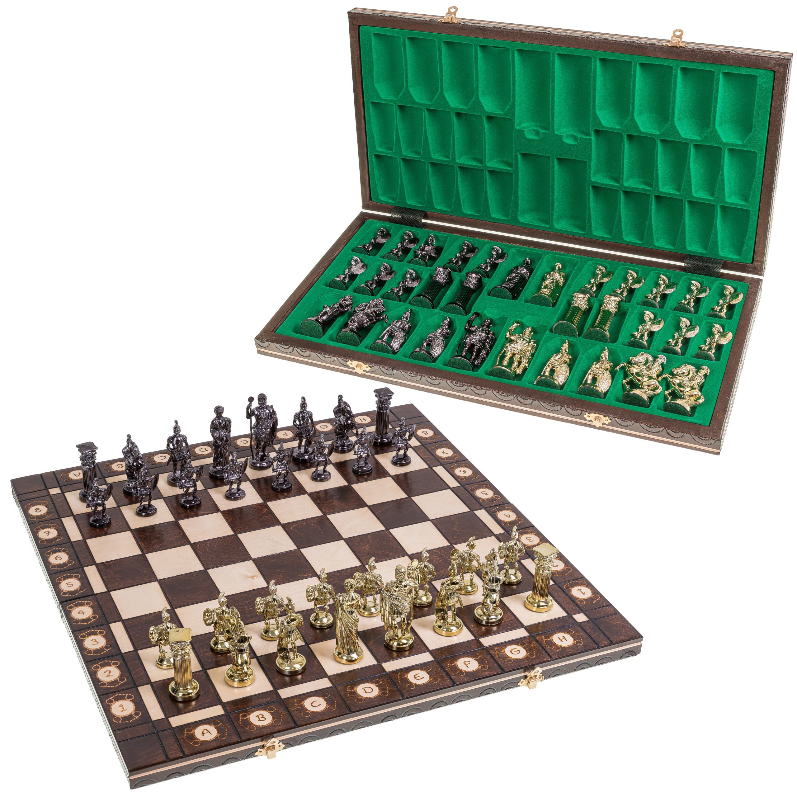 Square - Echecs Romain Gold - Échiquier en Bois - 52 x 52 cm & Pièces d'échecs métallisées - Noir et Argent – Artisanat