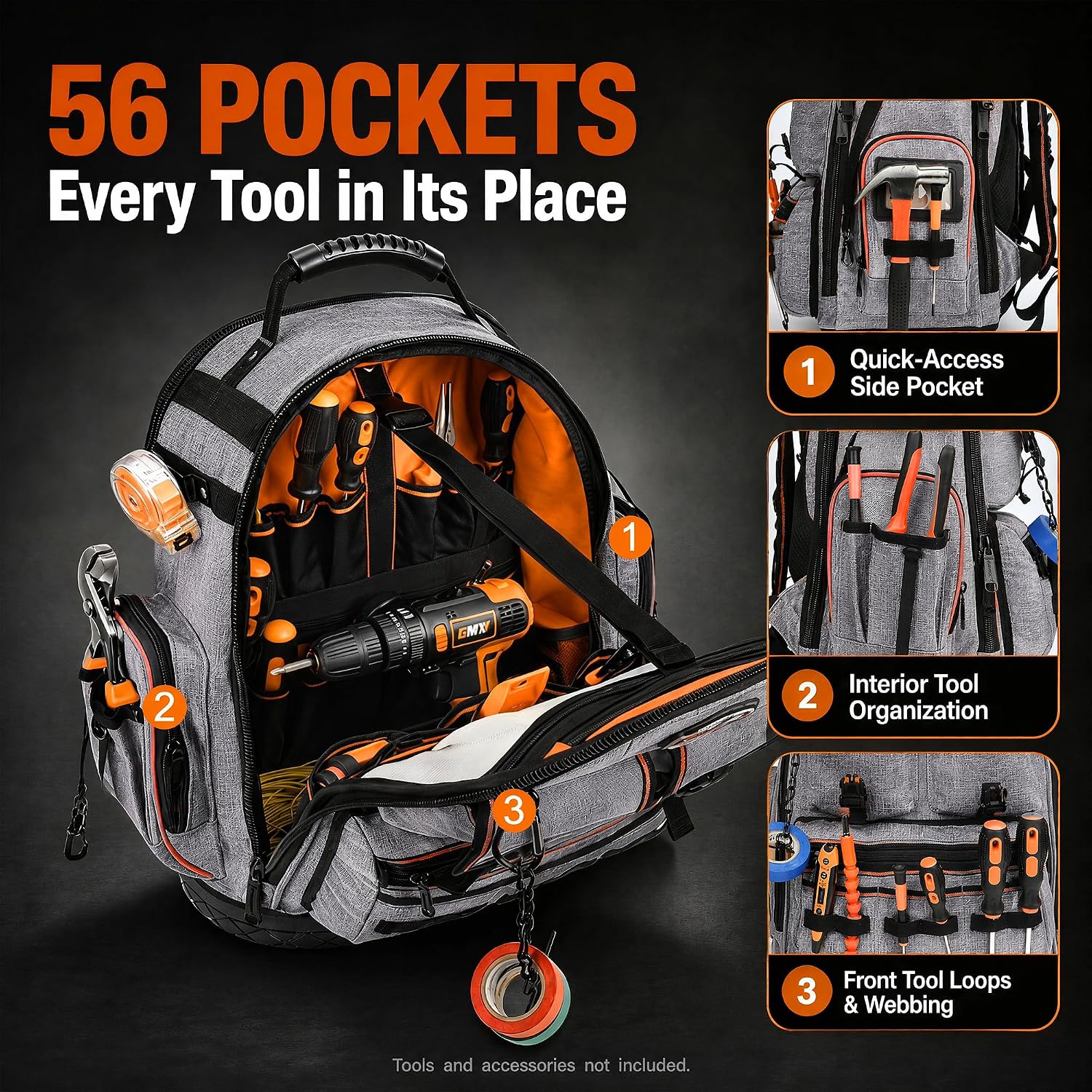 LOKASS Tool Backpack Heavy Duty, 18.5 in, 56 Pockets, Molded Bottom, Gray image 3