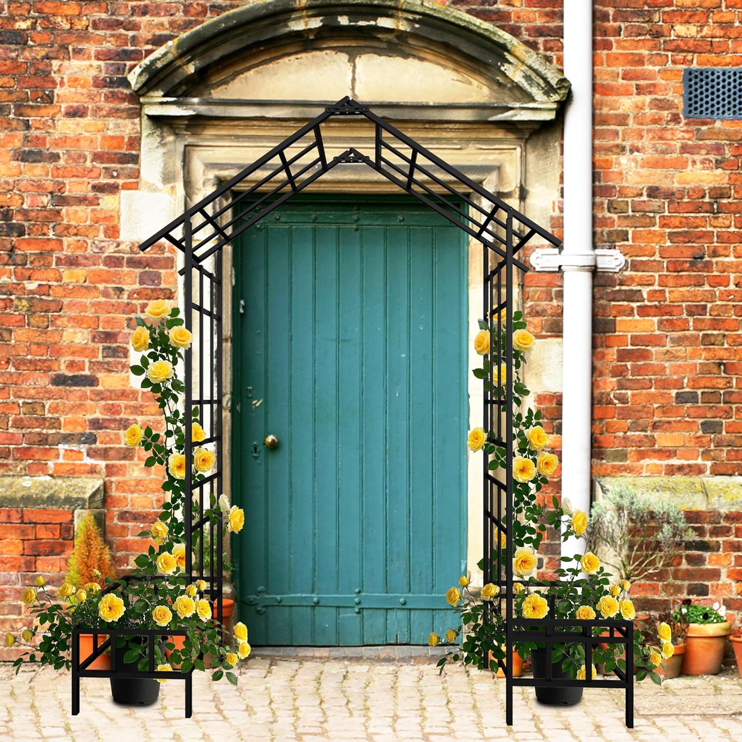 Metal Garden Arbor Arch with Plant Box, 77" H Garden Trellis for Climbing Plants Outdoor Support for Roses Vines Wedding Party Decoration, Adjustable Width, Black Line
