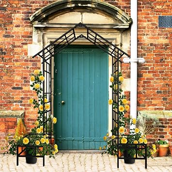 Metal Garden Arch with Plant Box, Tall Outdoor Trellis Arbor for Climbing Plants, Black Decorative Arch for Rose Vine, Yard Pathway Entrance Fence, Wedding Party Events