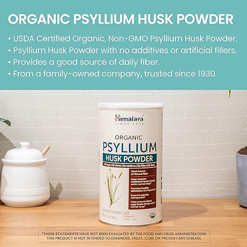 Miniatura 3 de Himalaya Polvo de cáscara de psyllium orgánico para soporte diario de fibra y colesterol, 24 onzas, suministro de 113 cucharaditas
