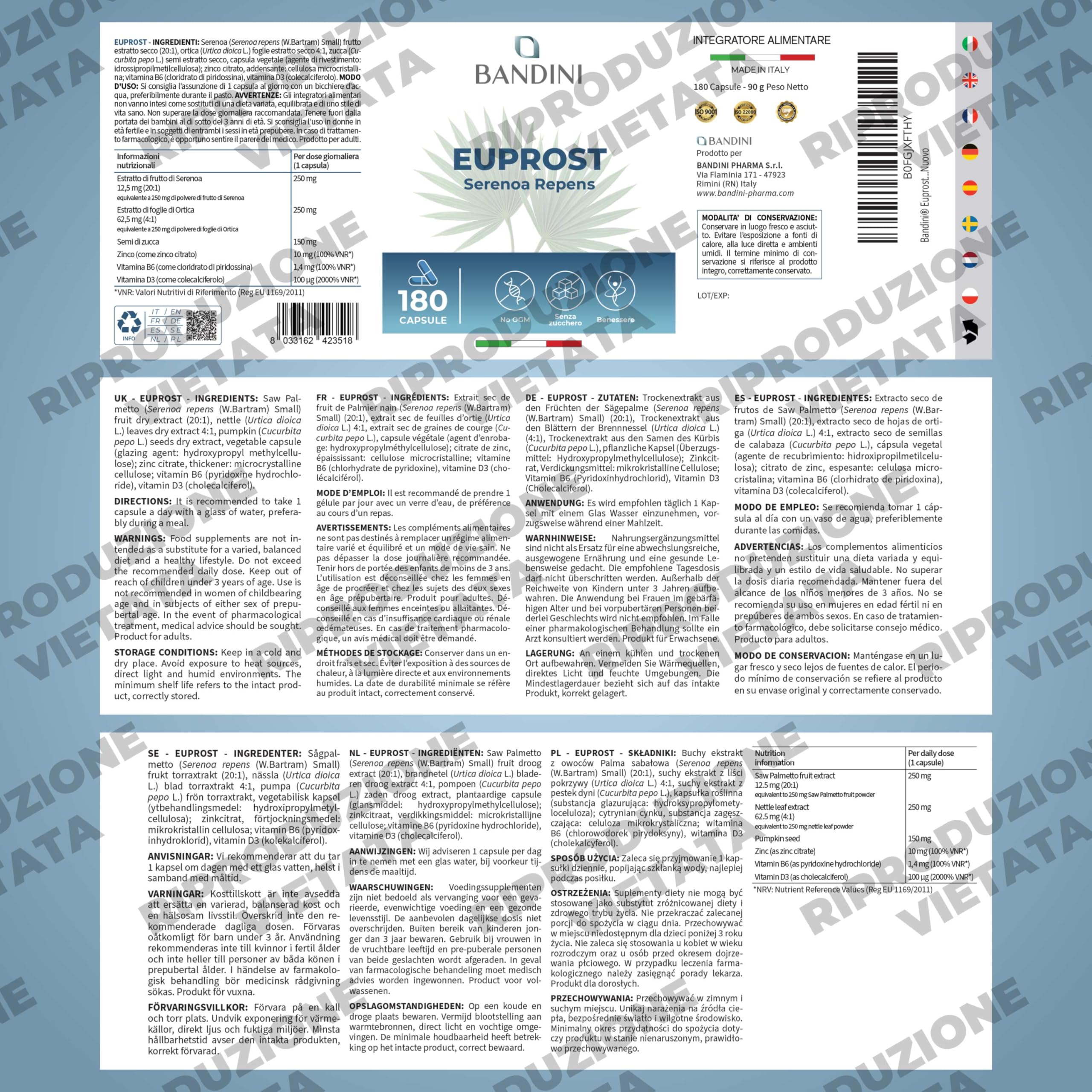 Bandini® Euprost Serenoa Repens 180 Capsule | Scorta 6 Mesi | Saw Palmetto, Semi di Zucca, Ortica, Zinco, Vitamina D3 e B6 | Estratto 20:1 standardizzato al 30% in acidi grassi | Integratore per Uomo